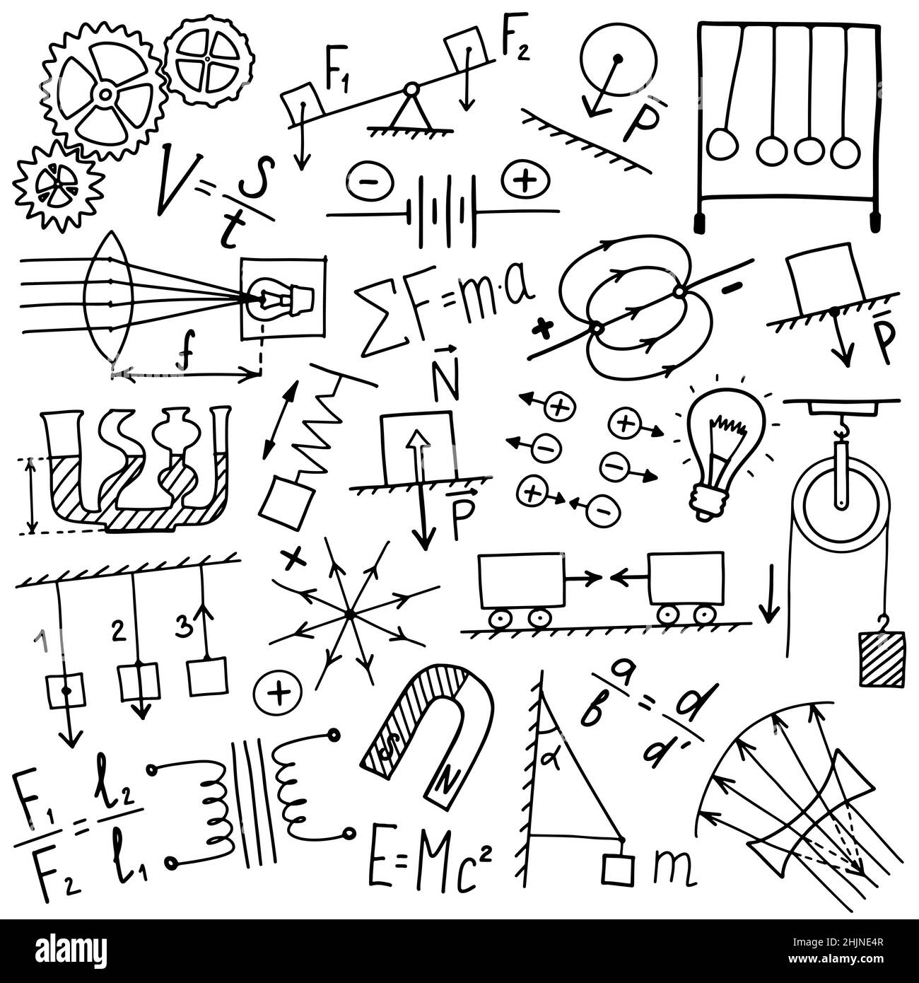 Set di icone dei simboli di Phisics. Scienza soggetto Doodle design. Concetto di istruzione e studio. Torna a scuola background abbozzato per notebook, non pad Illustrazione Vettoriale
