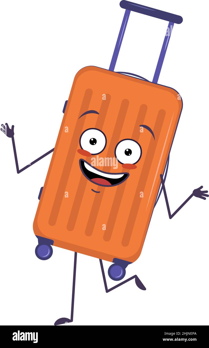 Carino carattere di valigia vacanza allegro con emozioni danzanti, viso sorridente, braccia e gambe. Il divertente, felice o sorridere eroe, gioioso bagaglio con gli occhi. Illustrazione piatta vettoriale Illustrazione Vettoriale
