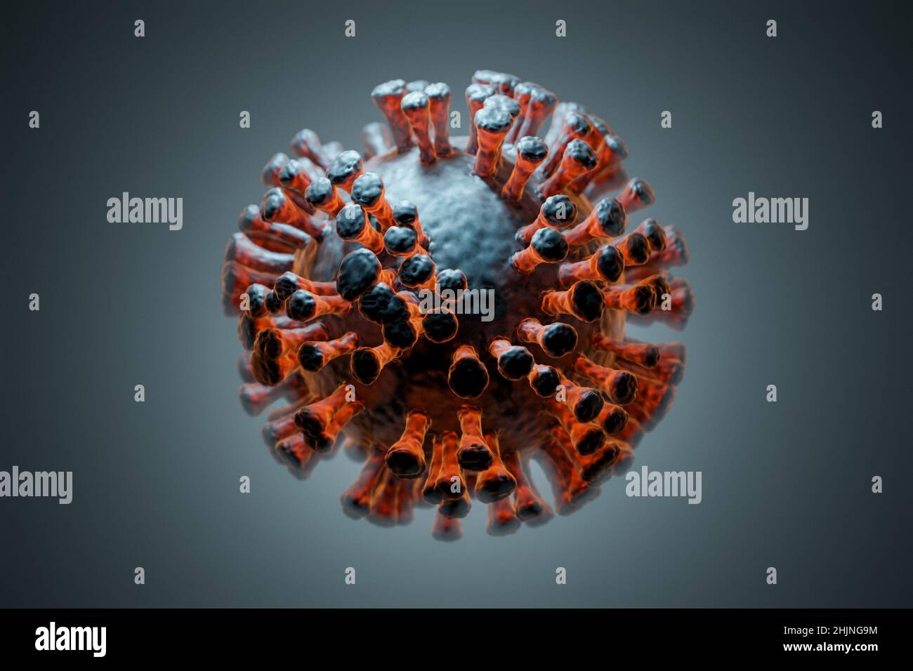 Illustrazione di una singola cellula virale, visualizzazione di un'infezione Foto Stock