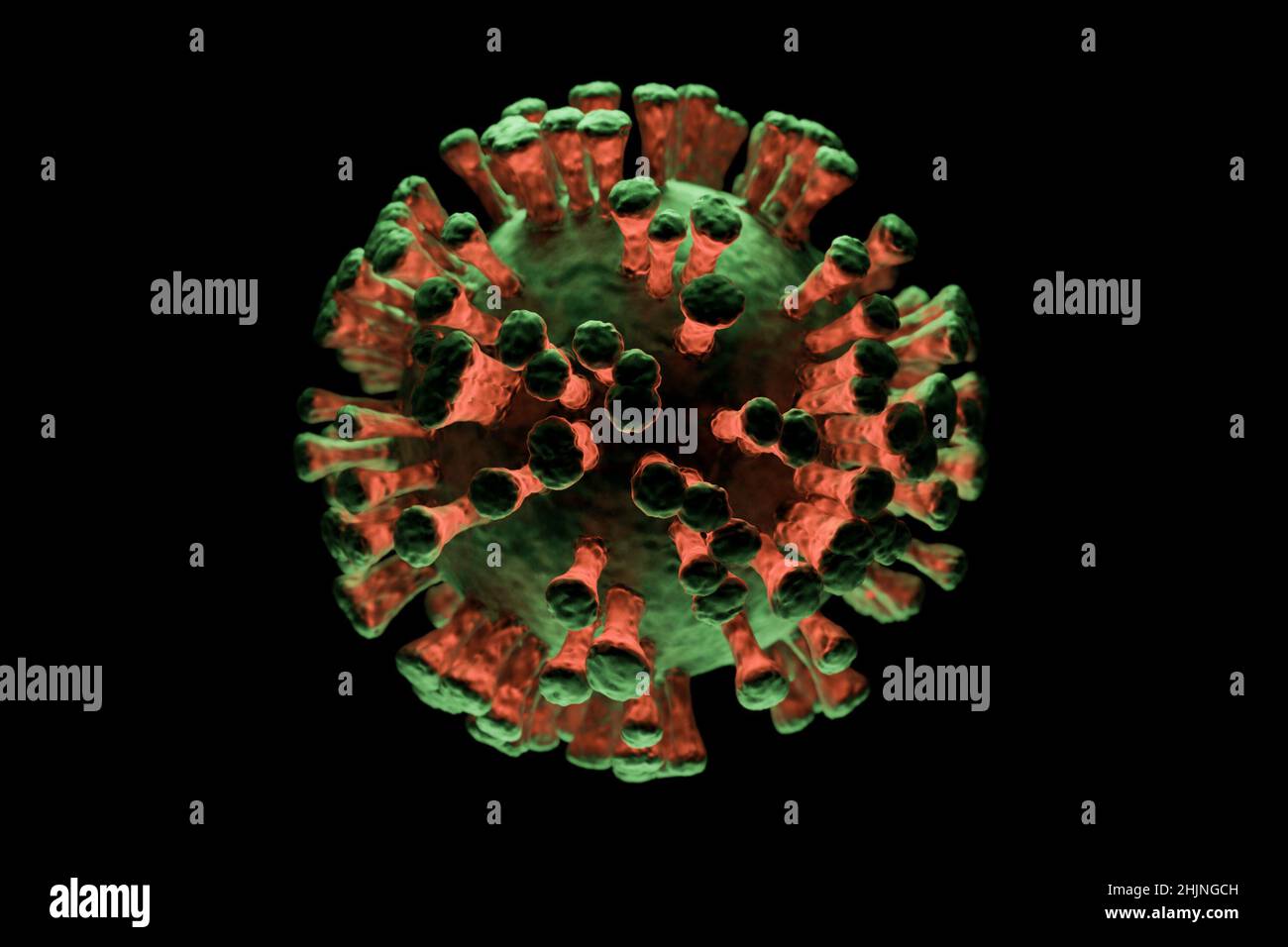 Illustrazione di una singola cellula virale su sfondo scuro, visualizzazione di un'infezione Foto Stock