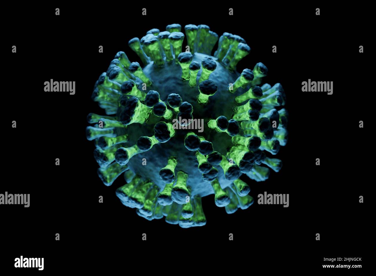 Illustrazione di una singola cellula virale su sfondo scuro, visualizzazione di un'infezione Foto Stock