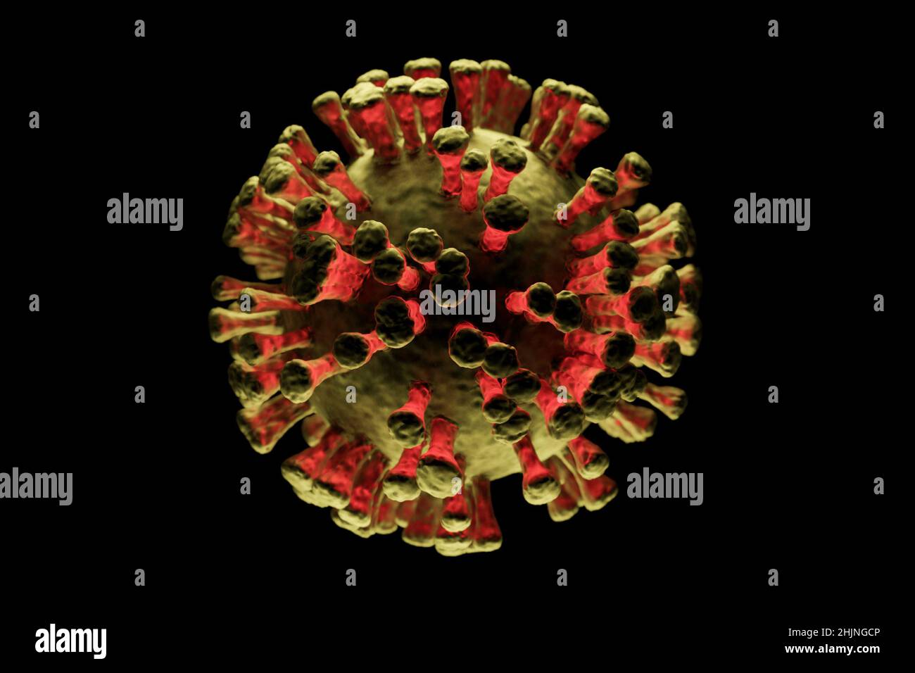 Illustrazione di una singola cellula virale su sfondo scuro, visualizzazione di un'infezione Foto Stock
