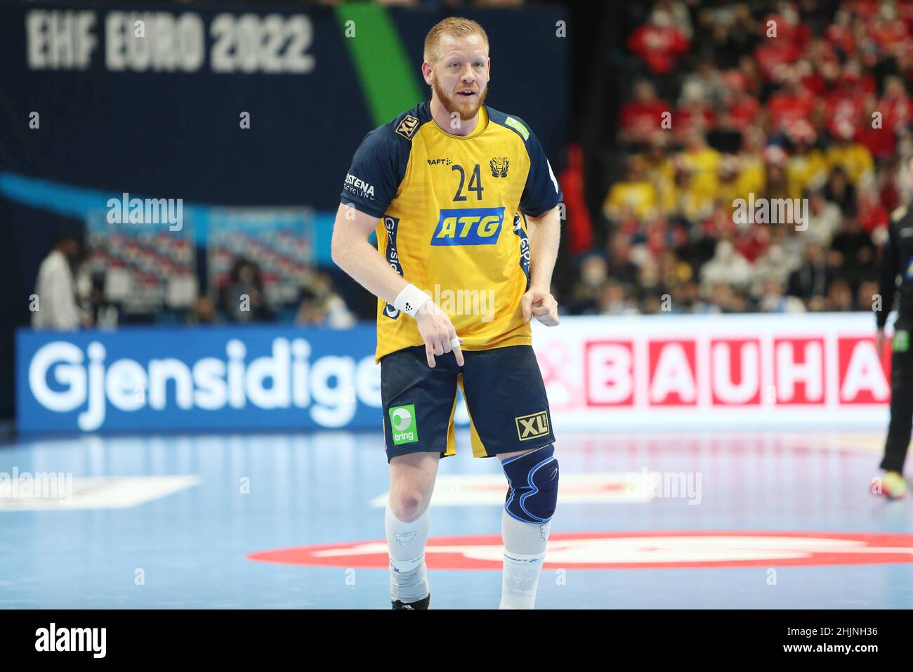 Jim Gottfridsson di Svezia durante l'Euro 2022 dell'EHF Men, finale di pallamano tra Svezia e Spagna il 30 gennaio 2022 presso l'Arena multifunzionale di Budapest, Ungheria - Foto Laurent Lairys / DPPI Foto Stock