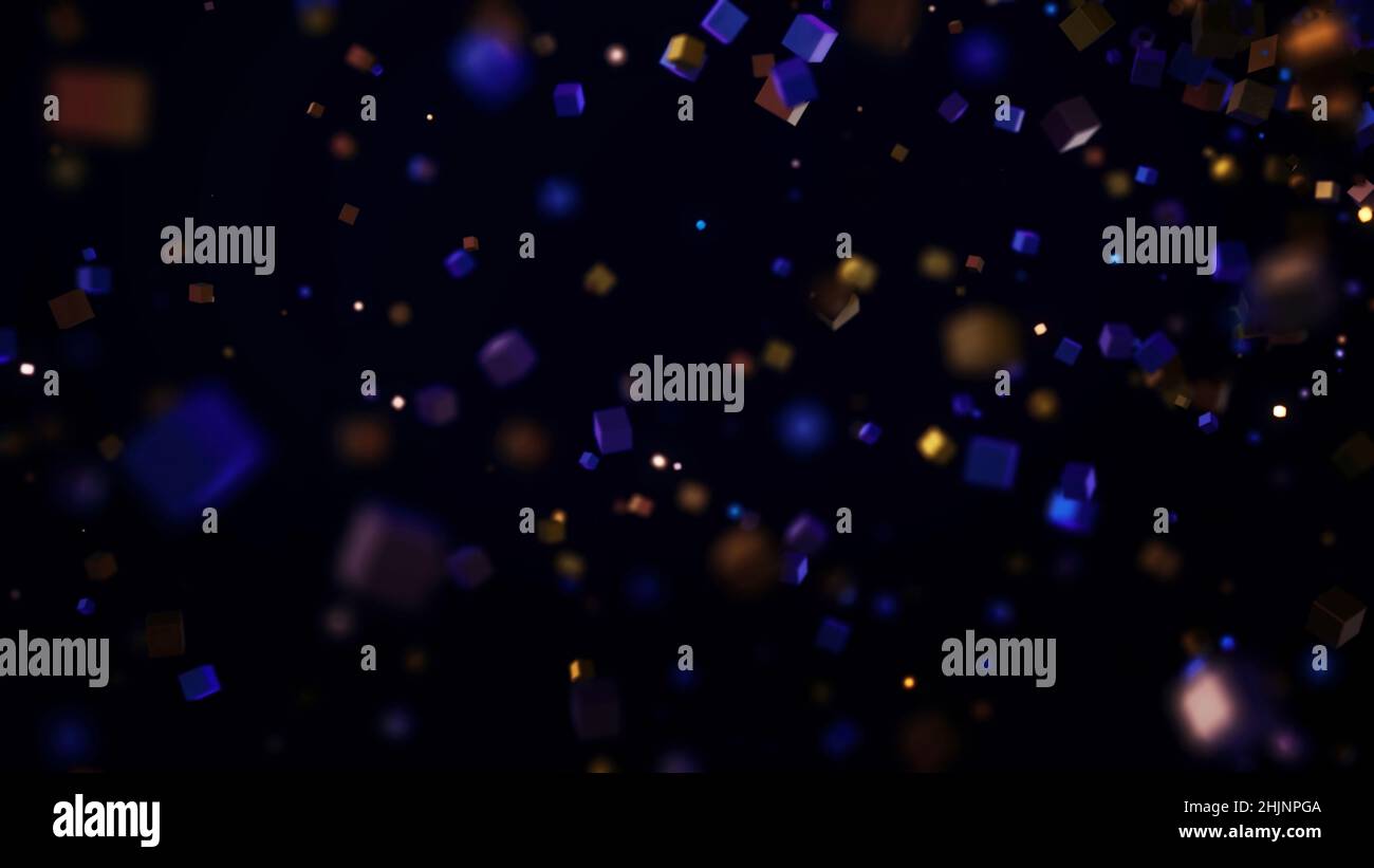 Particelle cubiche che formano la linea su sfondo nero. Animazione. I cubi di diverse dimensioni sono collegati in linea singola. Flusso di particelle cubiche intrappolate Foto Stock