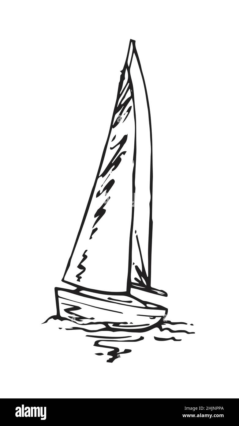 La barca a vela galleggia sulle onde. Piccola nave per attività ricreative e viaggi. Vista frontale. Schizzo di contorno. Disegno a mano isolato su sfondo bianco. Vettore Illustrazione Vettoriale