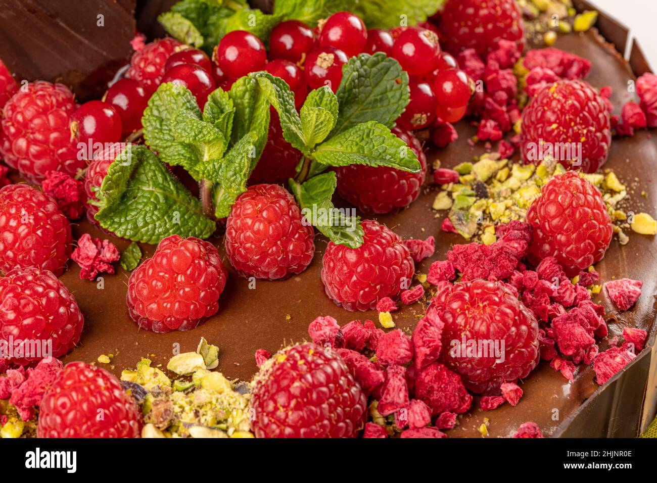 Dettaglio torta al cioccolato decorata con lamponi e foglie di menta, da vicino Foto Stock
