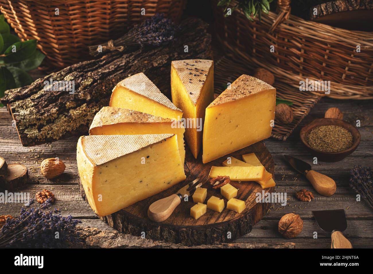 Set di vari sapori di formaggio stagionato fatto in casa su tavola di legno, la natura morta Foto Stock