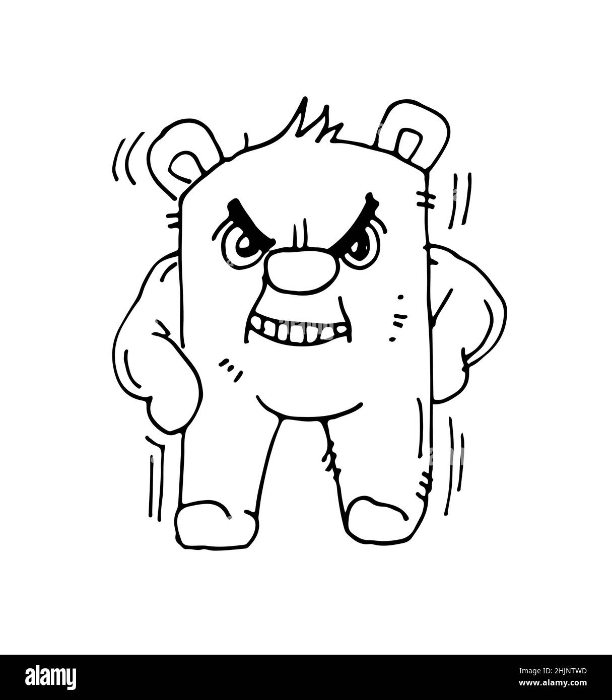 Allegro cartoon orso arrabbiato. Simpatico animale divertente. Schizzo di contorno. Il disegno a mano è isolato su sfondo bianco. Vettore Illustrazione Vettoriale