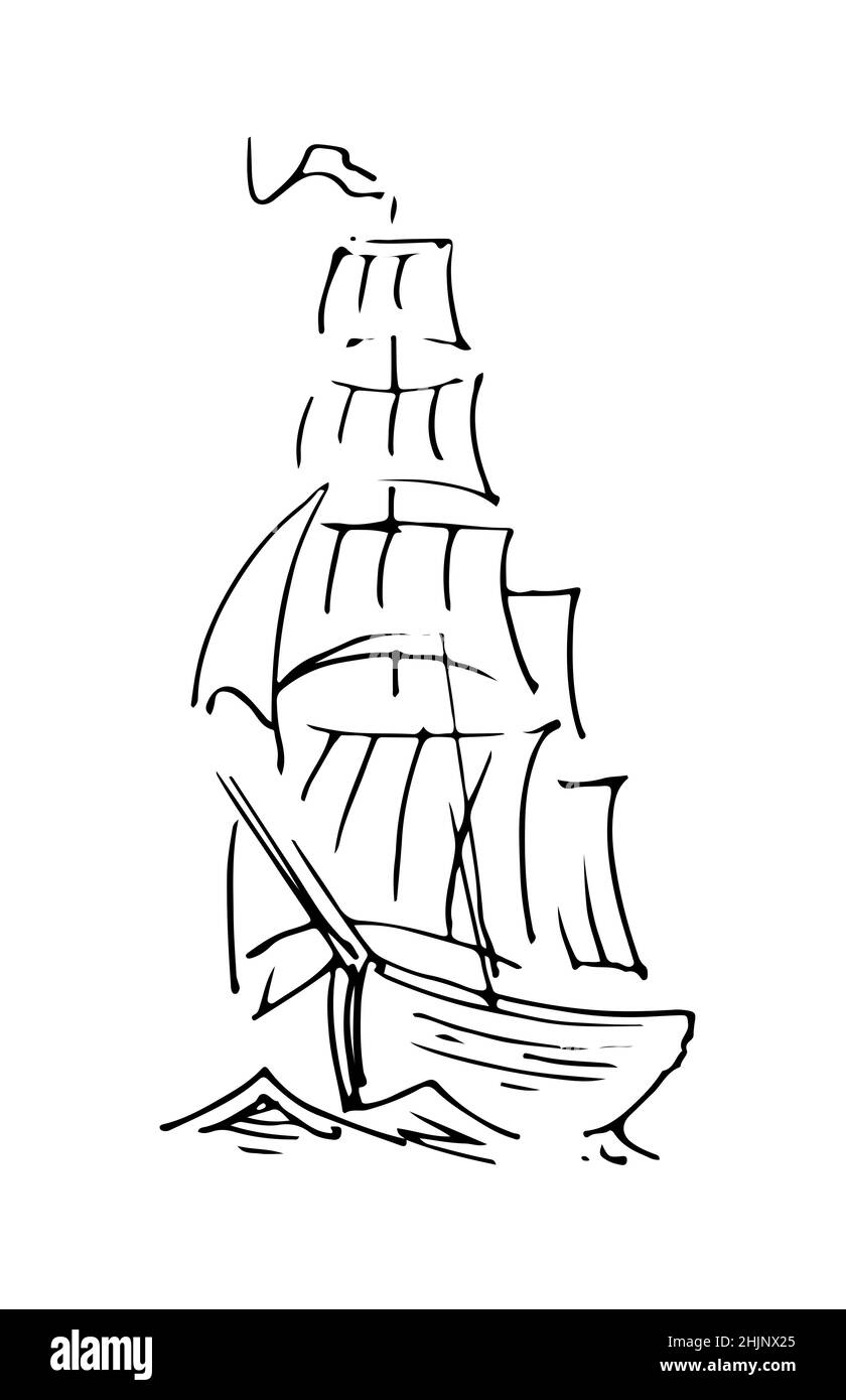La barca a vela galleggia sulle onde. Grande nave. Vista frontale. Schizzo di contorno. Disegno a mano isolato su sfondo bianco. Vettore Illustrazione Vettoriale