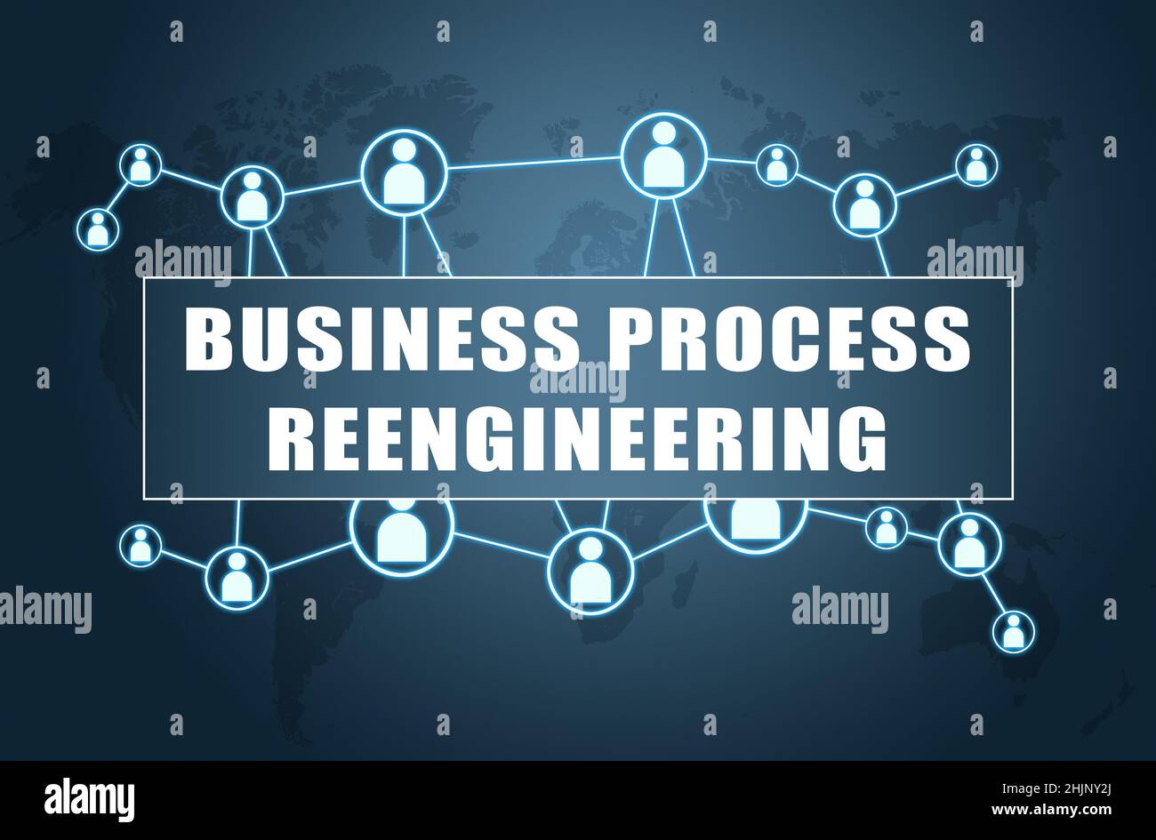 Business Process Reengineering - concetto di testo su sfondo blu con mappa del mondo e icone sociali. Foto Stock
