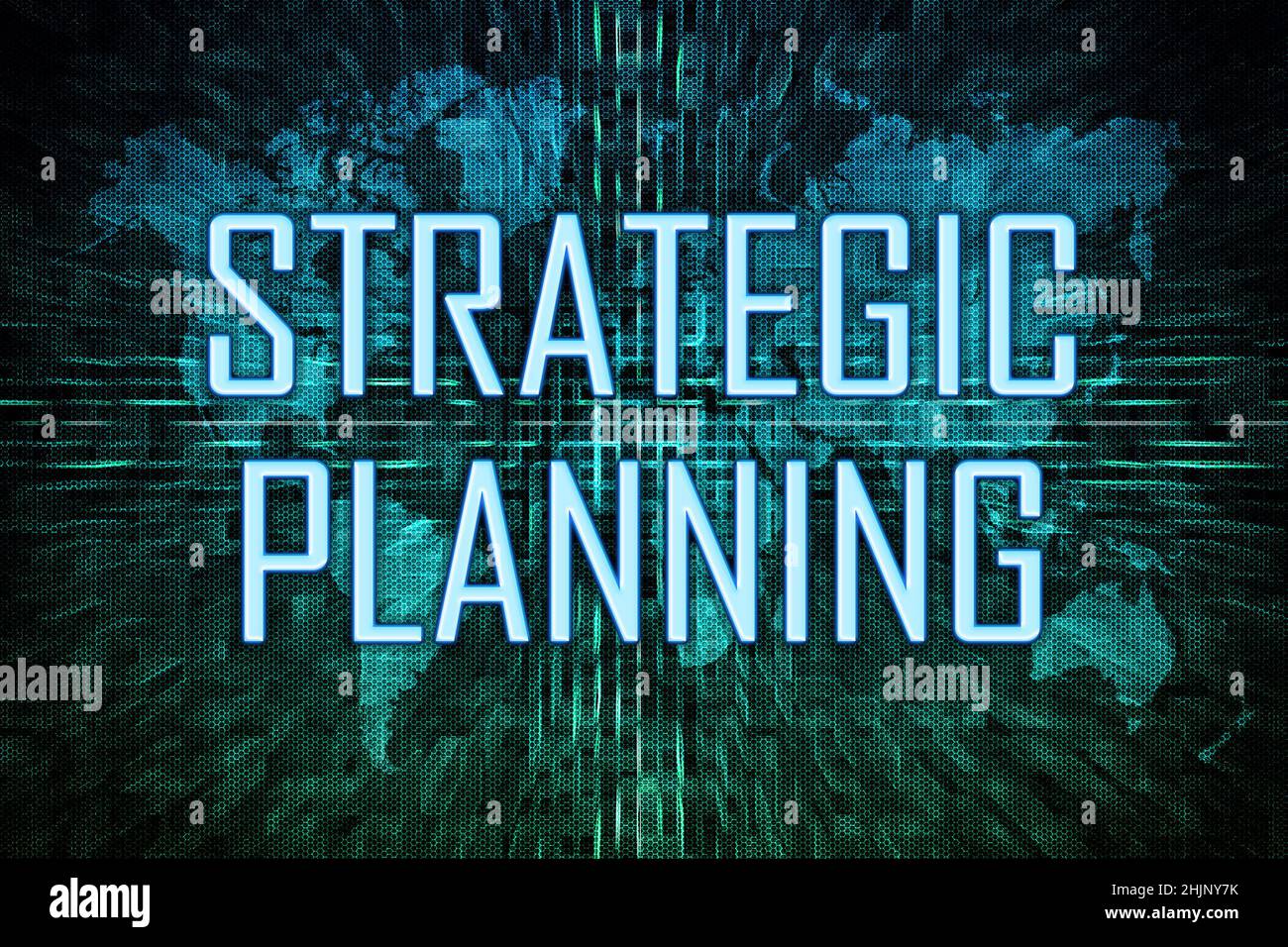 Concetto di testo di pianificazione strategica su sfondo mappa verde del mondo. Foto Stock
