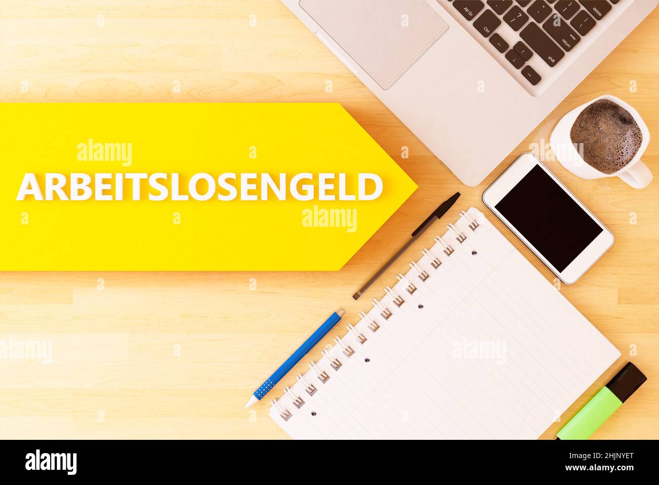 Arbeitslosengeld - parola tedesca per l'indennità di disoccupazione o dole money - testo lineare freccia concetto con notebook, smartphone, penne e tazza di caffè su de Foto Stock