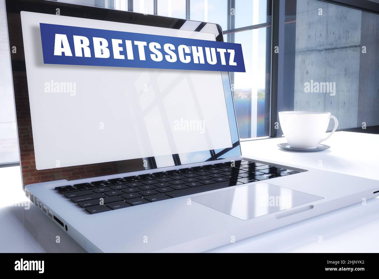 Arbeitsschutz - parola tedesca per la sicurezza del lavoro - testo sullo schermo moderno del portatile in ufficio. 3D rappresentazione del concetto di testo aziendale. Foto Stock