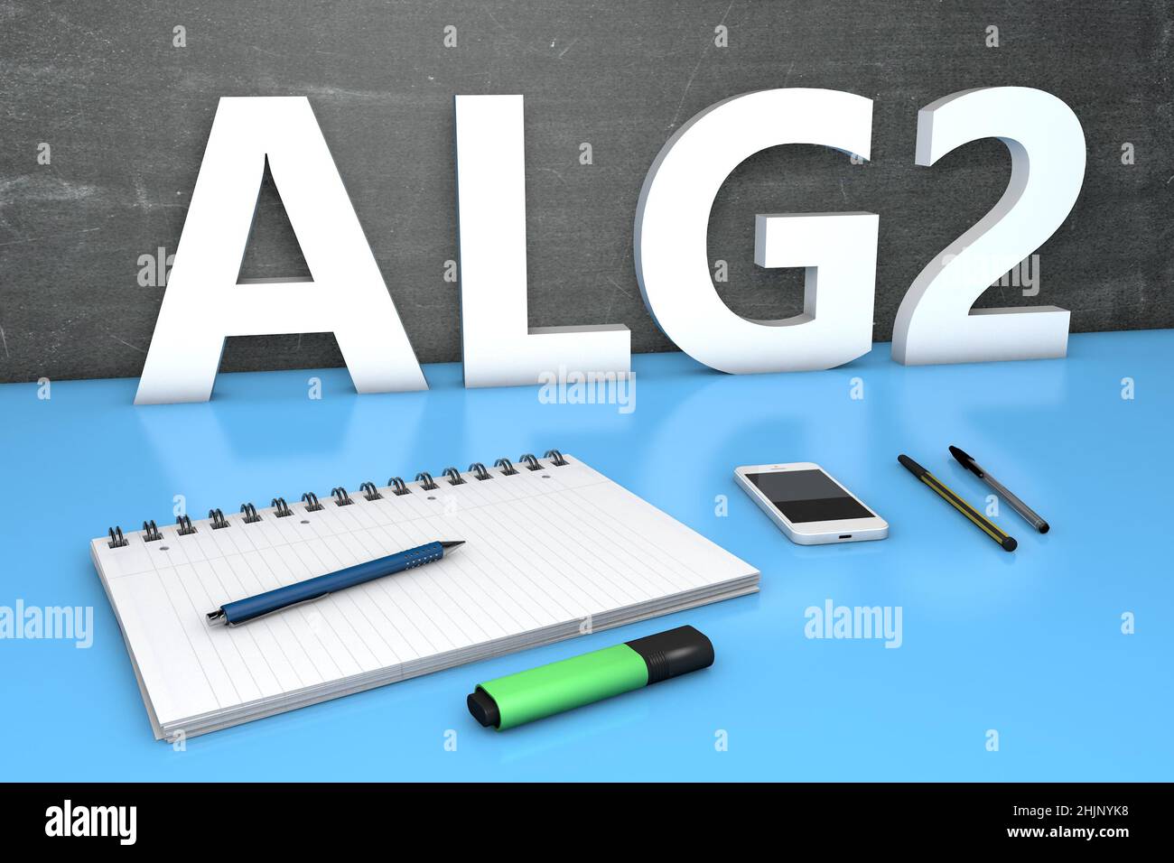 alg2 - Arbeitslosengeld 2 - termine tedesco per l'indennità di disoccupazione o dole money - testo concetto con lavagna, notebook, penne e telefono cellulare. 3D ren Foto Stock