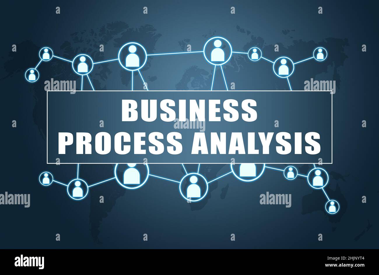 Business Process Analysis - concetto di testo su sfondo blu con mappa del mondo e icone sociali. Foto Stock