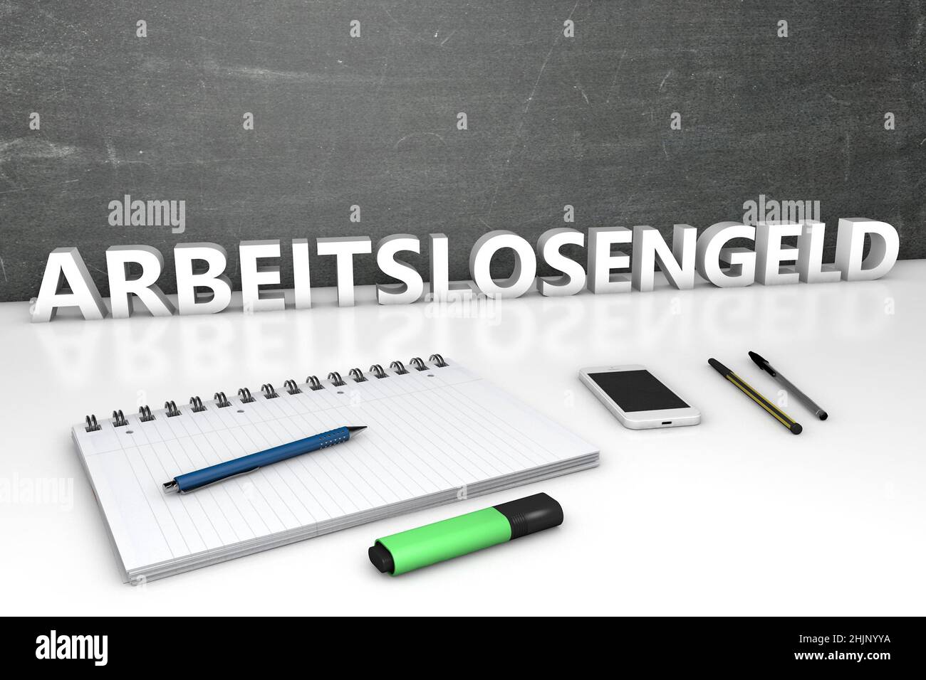 Arbeitslosengeld - termine tedesco per l'indennità di disoccupazione o dole money - testo concetto con lavagna, notebook, penne e telefono cellulare. 3D rendere illus Foto Stock