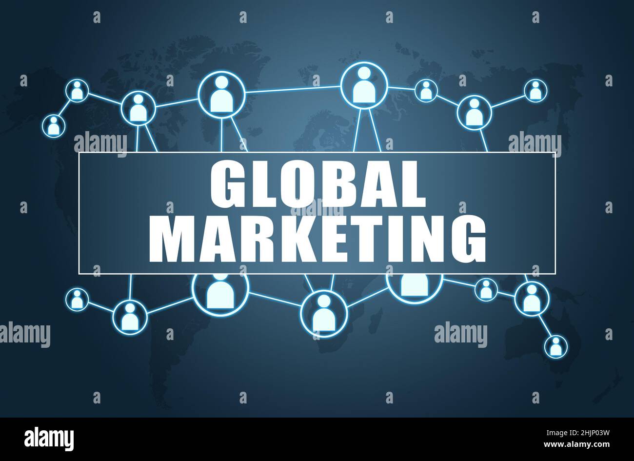 Marketing globale - concetto di testo su sfondo blu con mappa del mondo e icone sociali. Foto Stock
