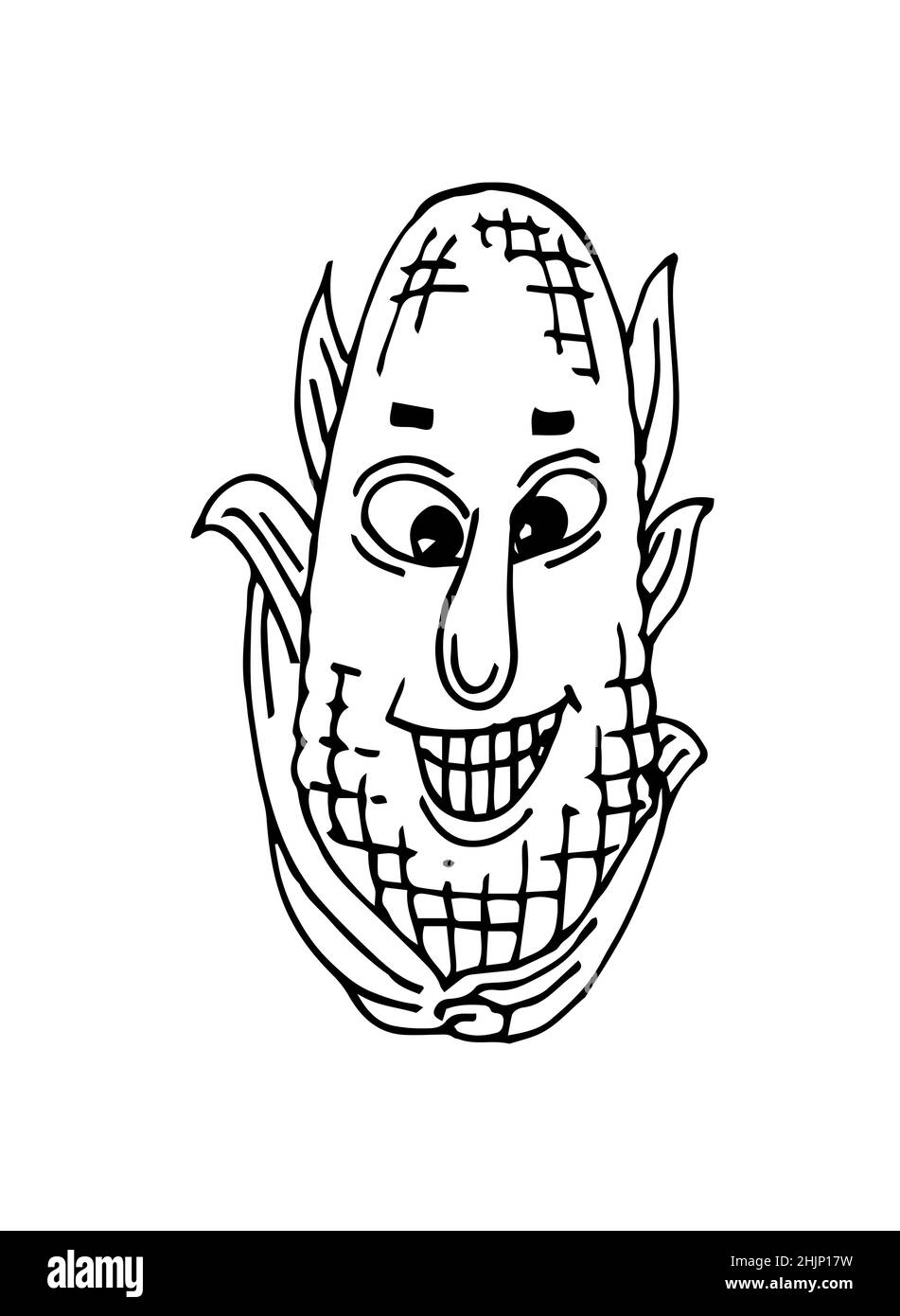 L'orecchio di mais ride. Faccia divertente. Allegro disegno di frutta. Disegno a mano del contorno. Schizzo isolato su sfondo bianco. Vettore Illustrazione Vettoriale