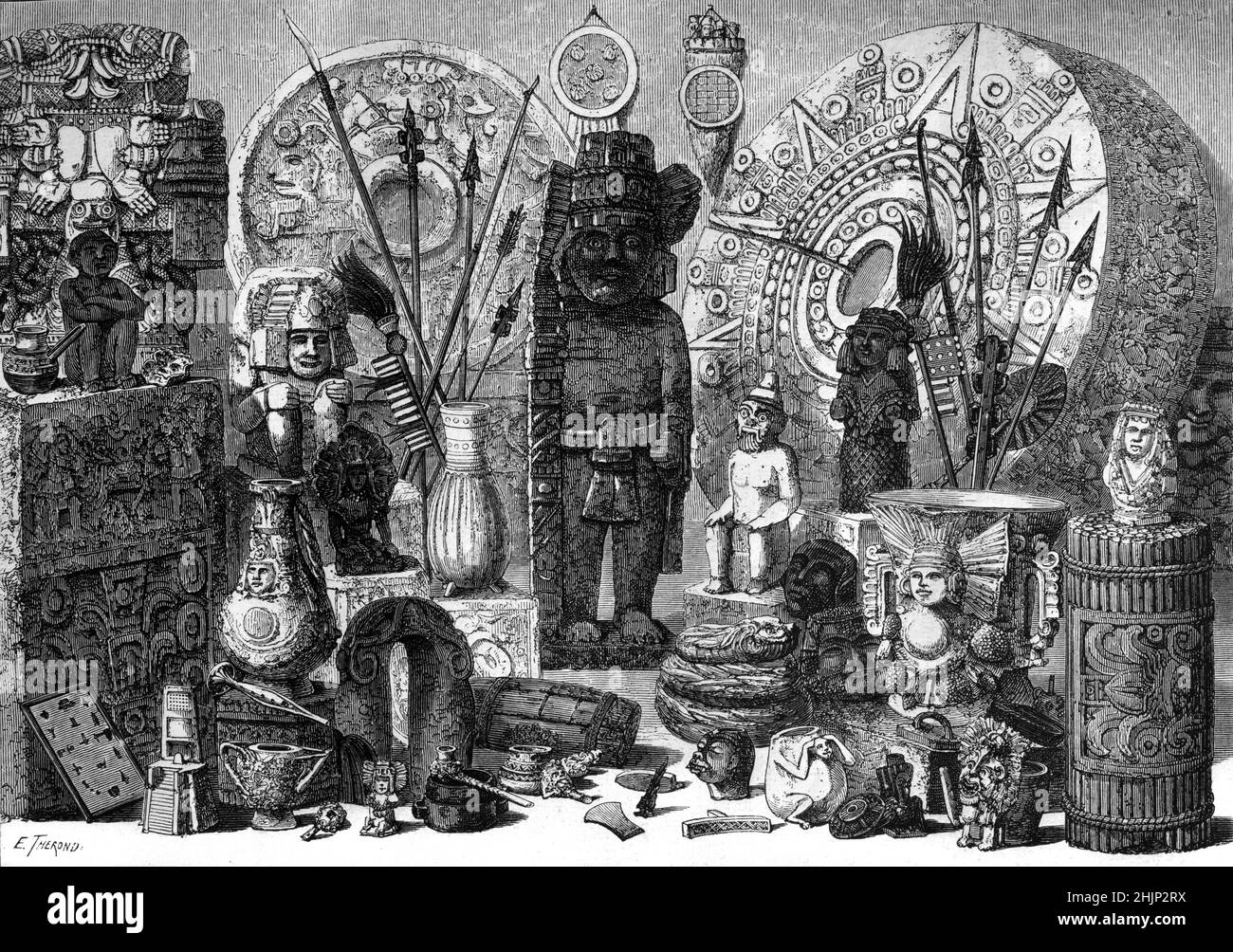 Collezione o esposizione di antichità messicane nel Museo Nazionale Messicano, ora il Museo Nazionale di Antropologia a Città del Messico Messico Messico. 1865 Illustrazione o incisione vintage. Foto Stock
