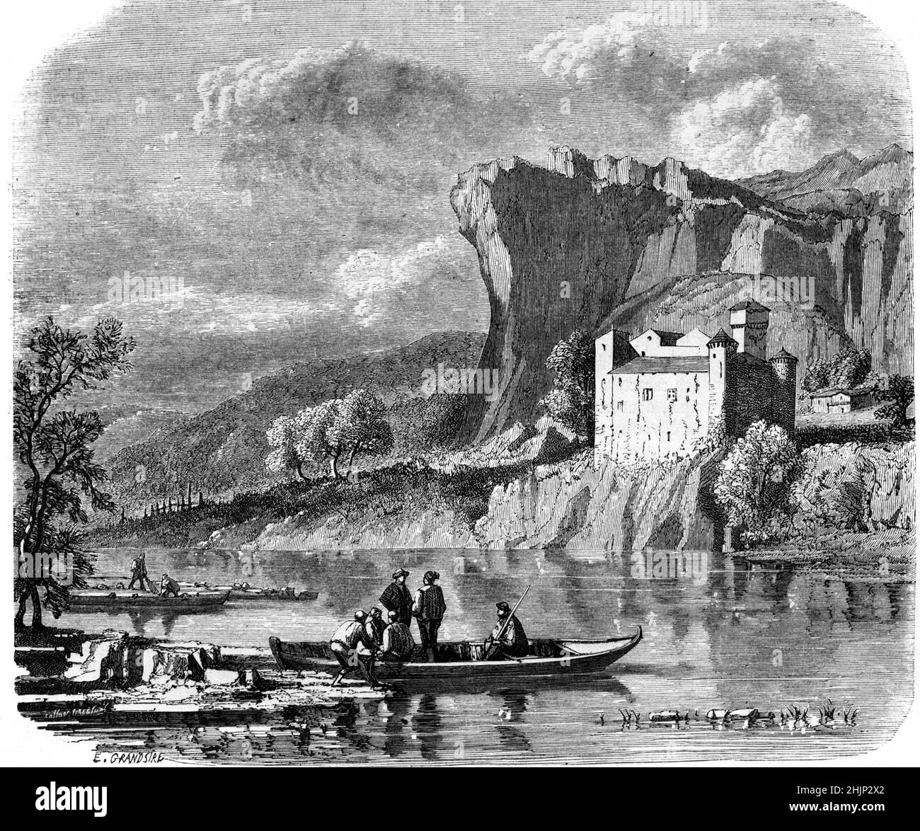 Chateau de Lacaze (costruito prima del 1415), Chateau Lacaze o Castello e barche a remi sul fiume Gijou, Tarn, Francia. Illustrazione o incisione vintage 1865 Foto Stock