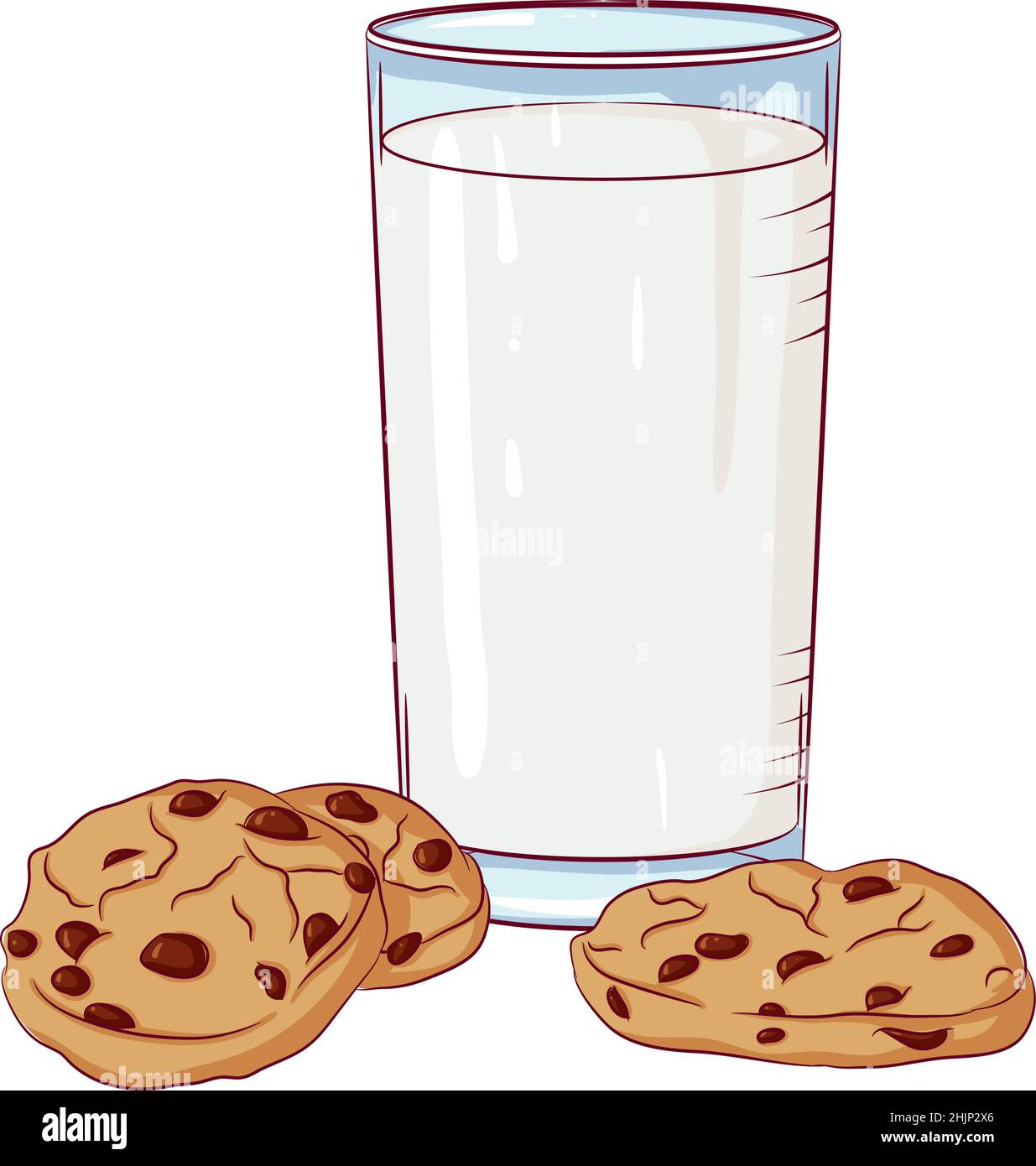 Illustrazione vettoriale di cartoni animati di un bicchiere di latte e  biscotti con scaglie di cioccolato isolati su bianco. Illustrazione di  natale del cibo della colazione. Buona notte, sera Immagine e Vettoriale -