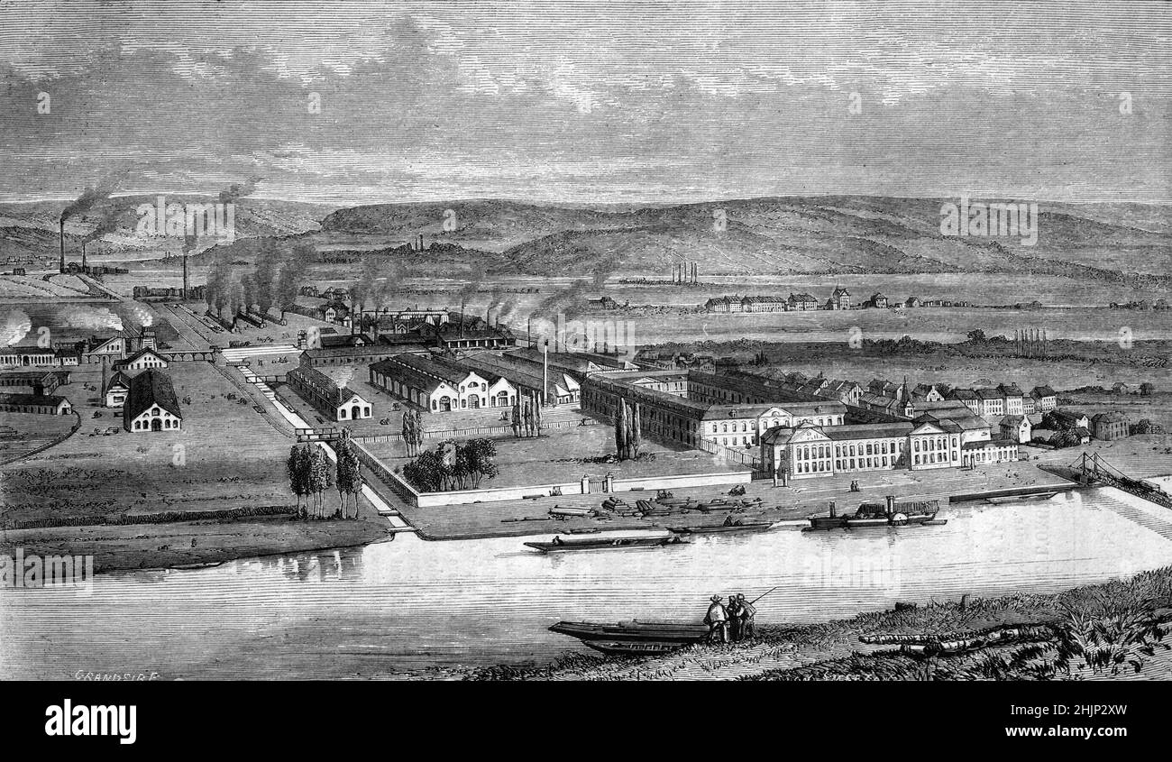 Vista aerea della John Cockerill Company Factory & Steelworks e del fiume Mosa, Seraing, Liegi, Belgio. Illustrazione o incisione vintage 1865 Foto Stock