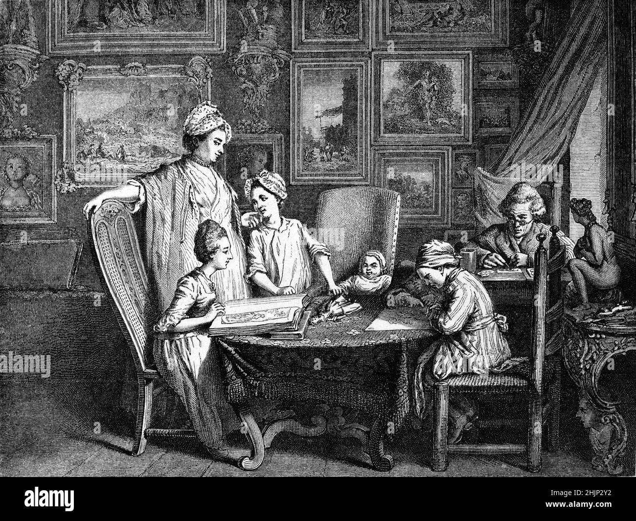 Daniel Chodowiecki (1726-1801) Pittore e tipografo tedesco a casa a Berlino Germania con i suoi cinque figli, tre figlie, Jeannette, Suzanne ed Henriette, e due figli, Guillaume e Isaac-Henri. Illustrazione o incisione di Chodowiecki c1773. Foto Stock