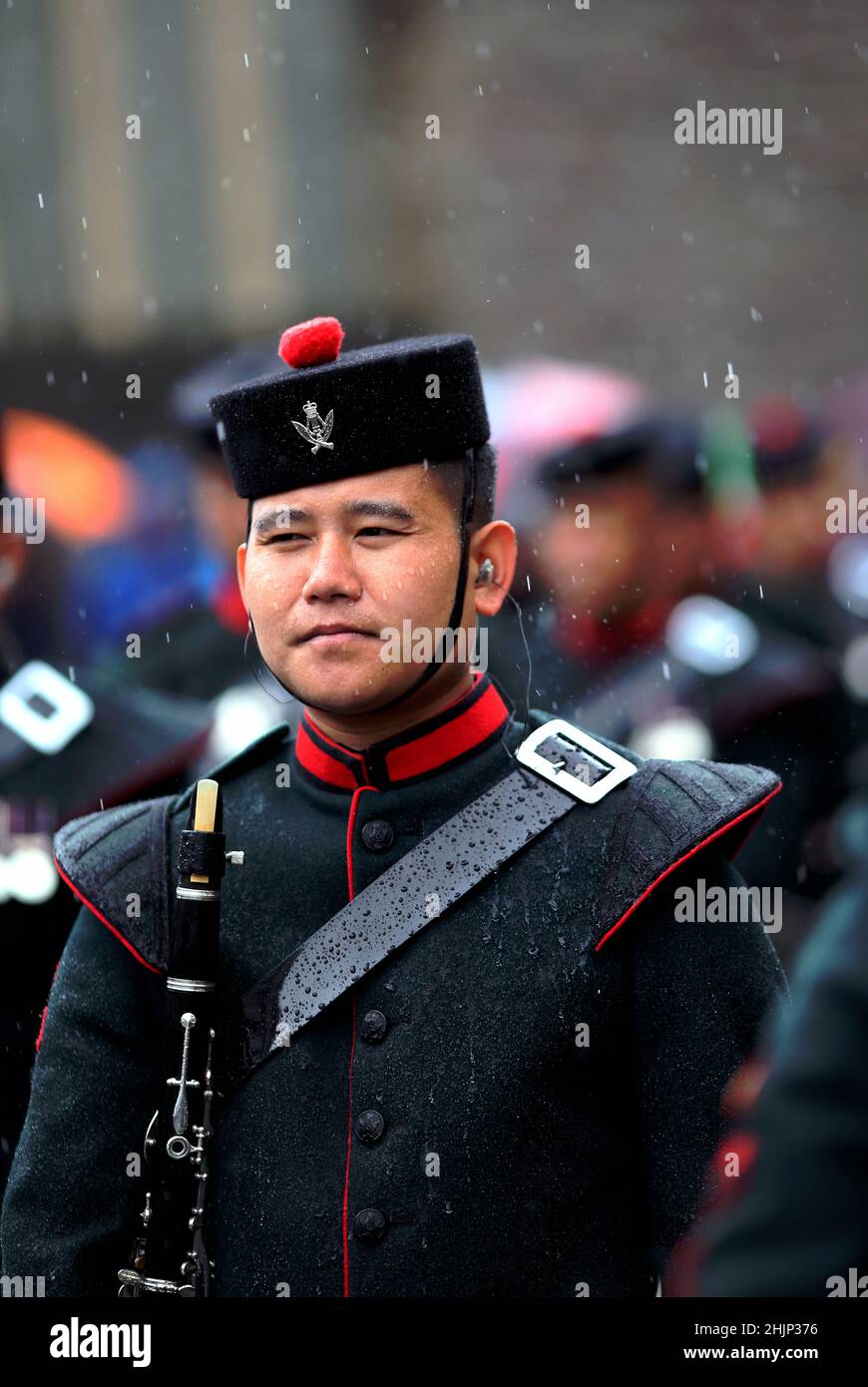 Brecon, Powys, Galles, Gurkha Freedom Parade il 9th giugno 2019. La band della Brigata di Gurkhas guidò la processione durante la Freedom Parade in B. Foto Stock