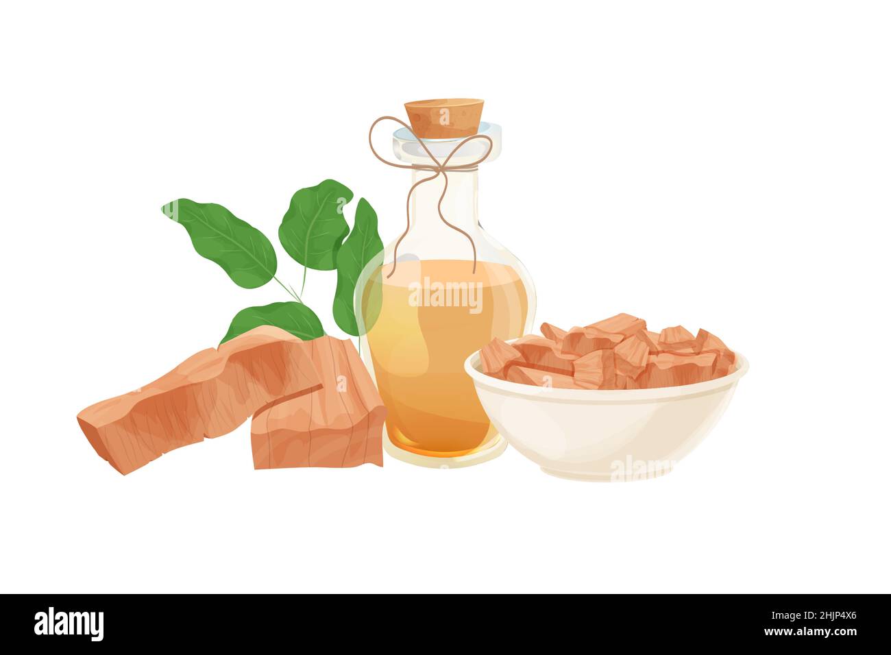 Olio di sandalo in bottiglia con sughero e corda in legno, legno di sandalo in polvere e foglie in stile cartoon isolato su sfondo bianco. Ayurveda terapia ingrediente . Illustrazione vettoriale Illustrazione Vettoriale