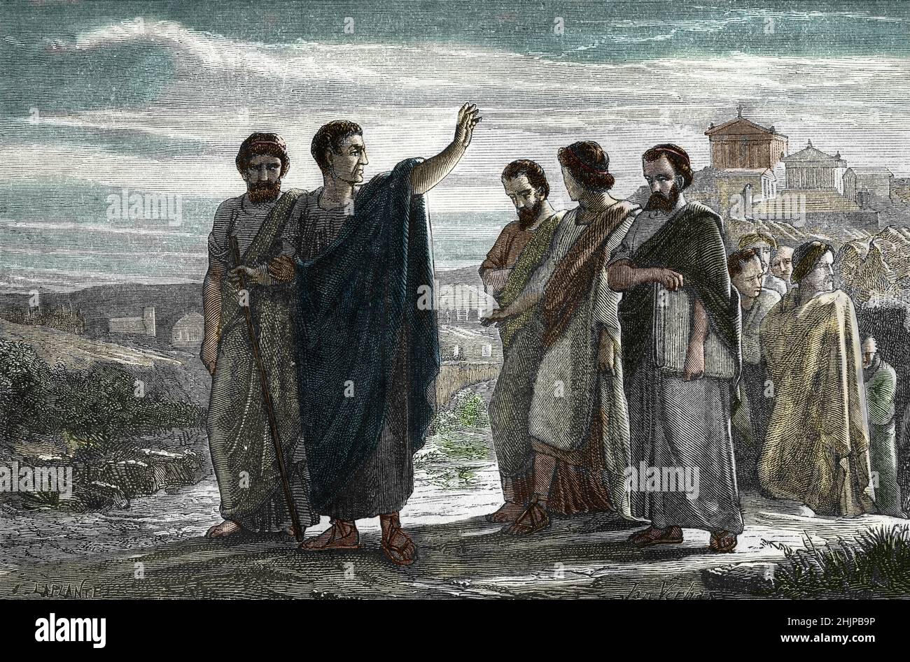 'Le philosophe'k aristote (384-322 avant JC) quitte la ville d' Athenes a la mort d'Alexandre le Grand en 323 avant JC' (filosofo greco Aristotele lascia Atene con la sua famiglia, 323 avant JC) gravure tiree de 'vie des savants illustres de l'Antiquite' Collection de Louis Figuier, 1867 privee Foto Stock