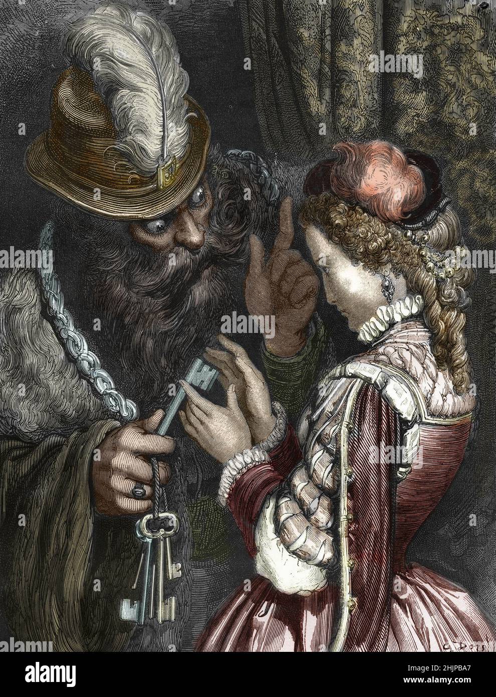 'La Barbe-Bleue au Chateau de Breteuil ' Illustration de Gustave Dore pour le conte 'Barbe Bleue' de Charles Perrault (la barba di Bluerault dà alla moglie le chiavi del suo castello - illustrazione di Gustave Dore dal racconto di 'Bluebeard' di Charles Perrault) gravure tiree de 'Charles Perrault : les contes ilustres'' 1867 Collection privee Foto Stock