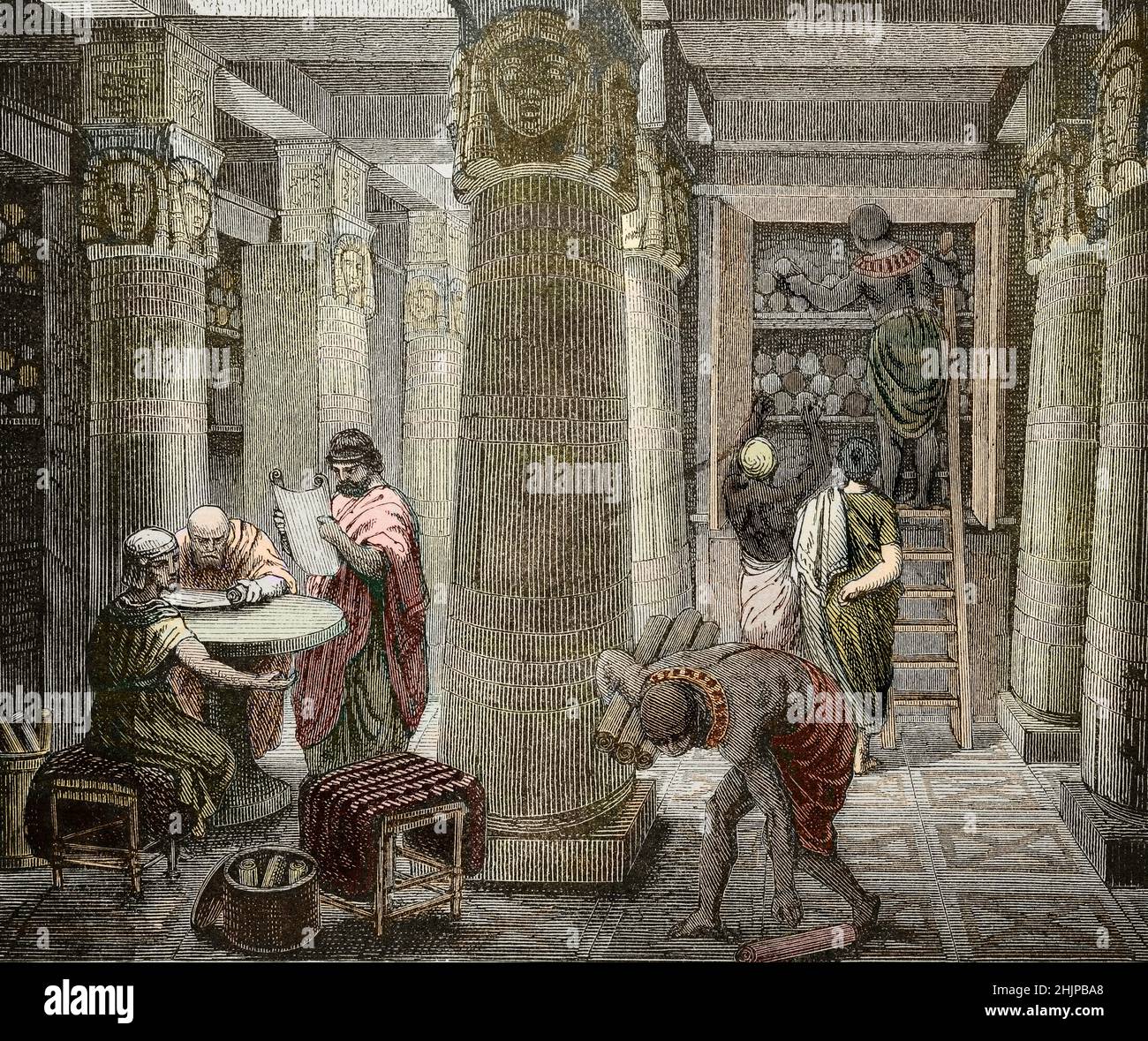 'Vue interieure de la bibliotheque d'Alexandrie, detruite entre 48 AV JC et 642 apres JC, Egypte) (Vista della biblioteca di Alessandria d'Egitto) gravure de la fin du 19eme siecle Collection privee Foto Stock