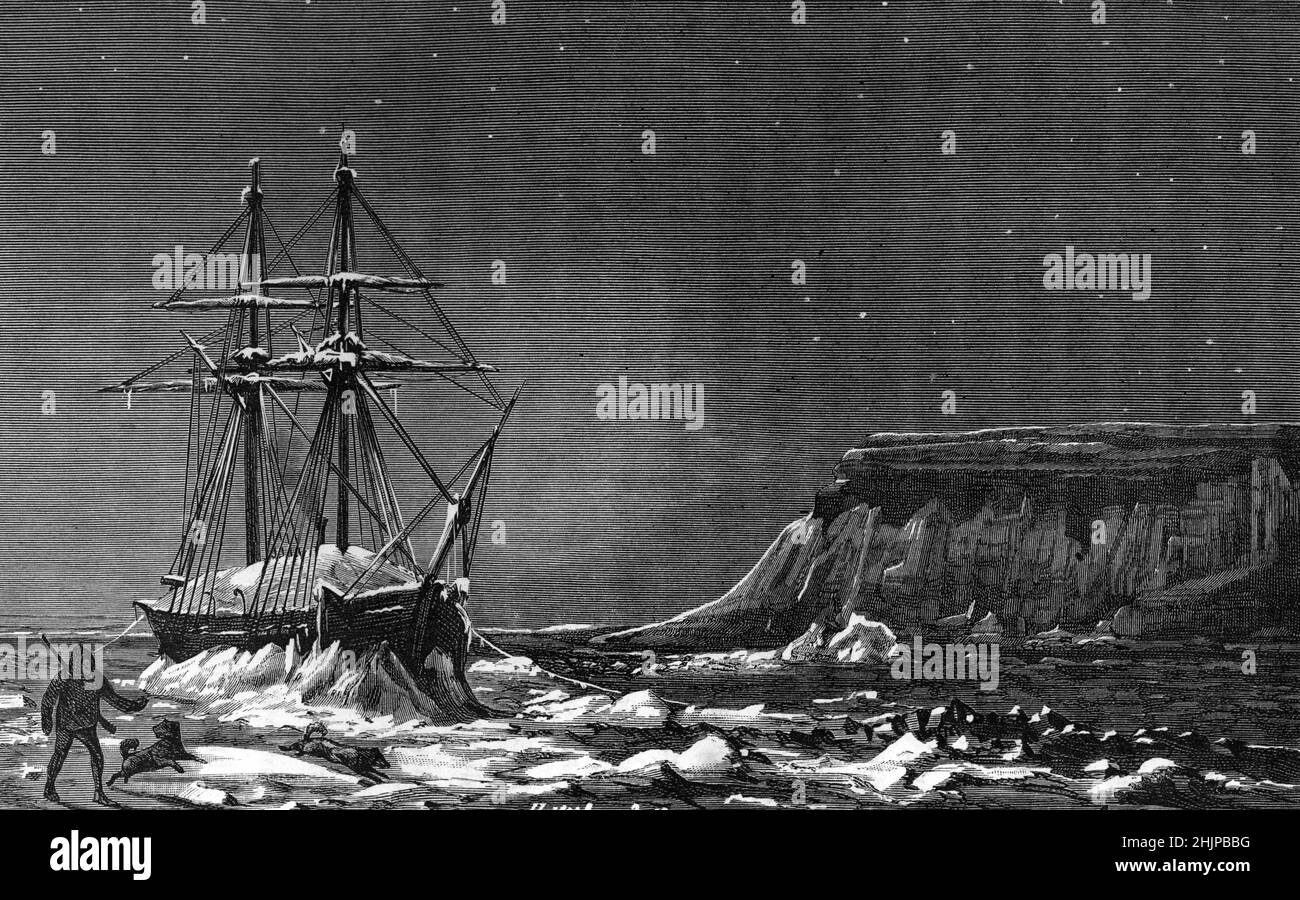 Le Prince-Albert navire de Joseph-Rene Bellot (1826-1853) officier de Marine et explorateur francais pour l'expedition de 1851 a la recherche de Sir John Franklin disparu dans l'archipel arctique canadien en 1847 - le navire pris dans les glaces (Il principe albert barca di Joseph rene Bellot ufficiale navale francese ed esploratore artico per la spedizione artica sotto il comando del capitano William Kennedy, la nave del principe Albert congelata per undici mesi) gravure tiree de 'Voyages aux mers polaires' de Bellot 1880 Collection privee Foto Stock