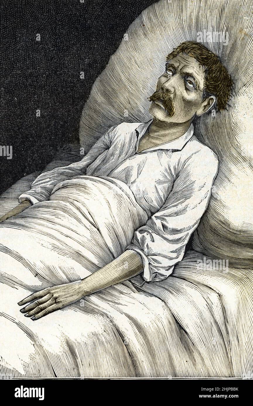 Malade atteint du cholera gravure tiree de 'Medecine illustre' Collezione 1888 privee Foto Stock