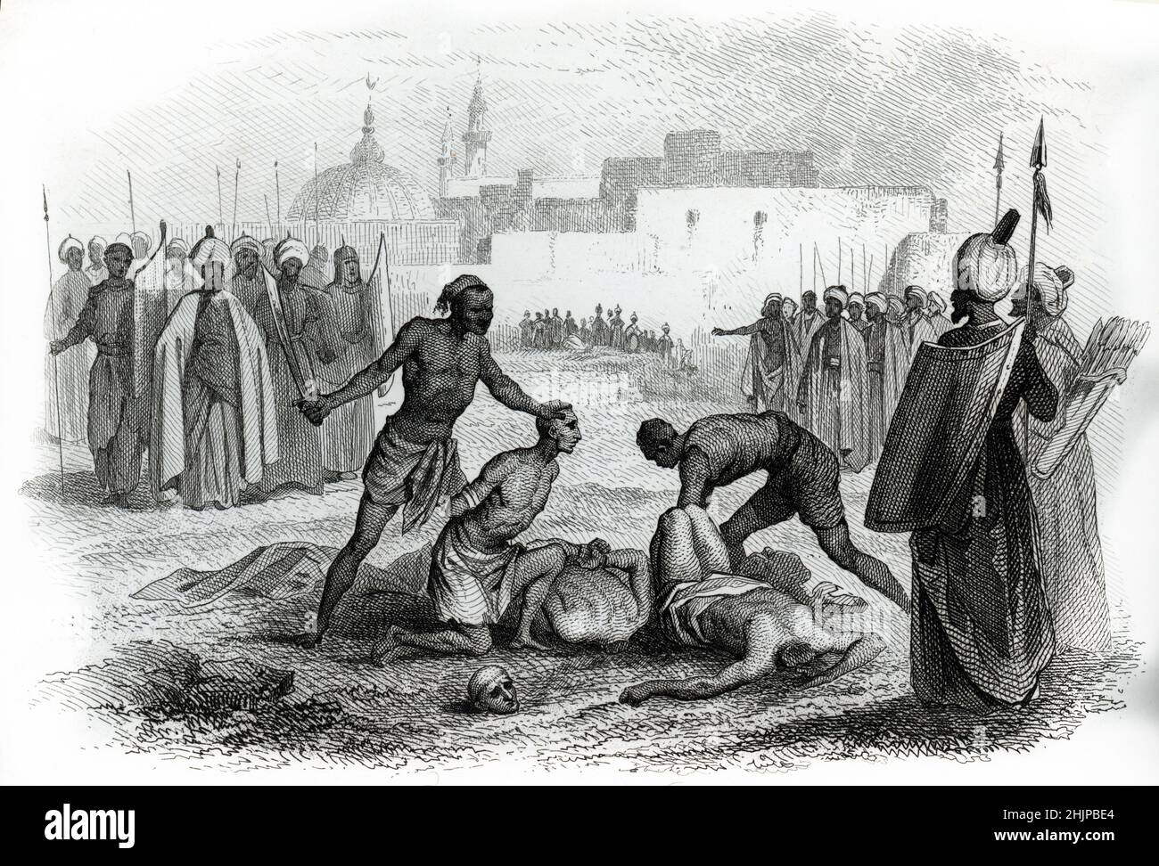 Representation du martire des freres Jacques de Podio et Jeremie lors de la pry du Chateau de Safed (safet ou saphet) en 1266 par le sultan d'Egypte Baybars (Assedio di Safed (1266)) gravure tiree de 'Histoire des missions catholiques' de Henrion 1846 Collection privee Foto Stock