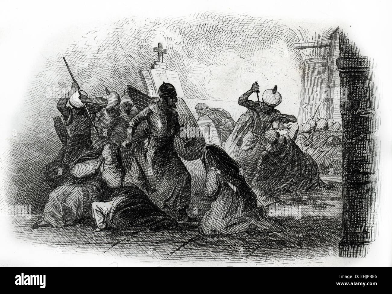 Siege d'Antioche : Representation du martire des religieuses d'Antioche en 1268 par le sultan d'Egypte Baybars) (Siege d'Antioch (1268)) gravure tiree de 'Histoire des Missions catholiques' de Henrion 1846 Collection privee Foto Stock