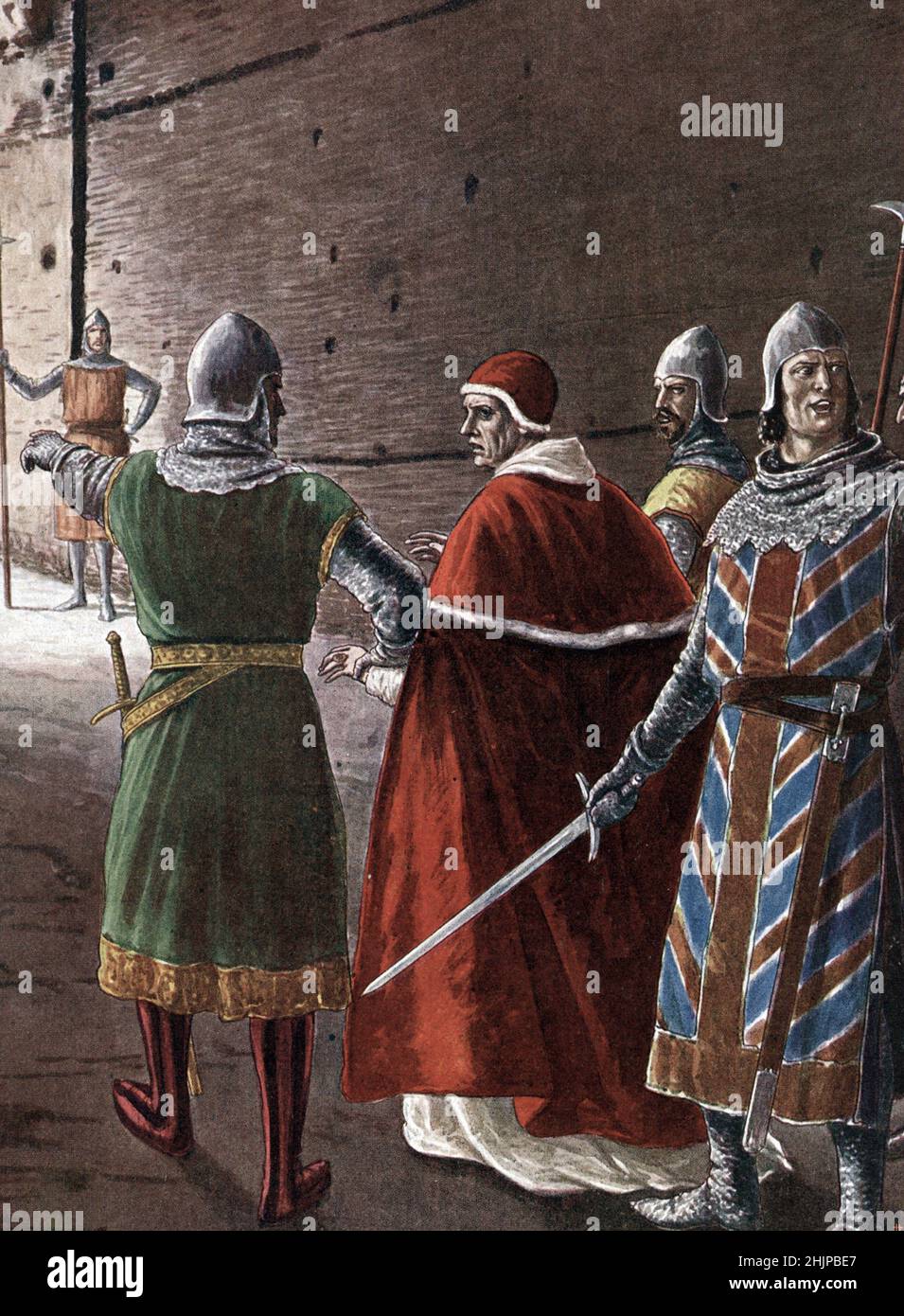 'Le Pape Jean XIII (Giovanni, Ioannes) (965-972) enferme dans le Chateau saint Ange a Rome en decembre 965, Italie a la suite d'un complot antipapal' (papa Giovanni XIII imprigionato a Castel Sant'Angelo il 16 dicembre 965, Roma) Illustrazione Tancredi Scarpelli (1866-1937) tiree de Collezione 'S. Foto Stock