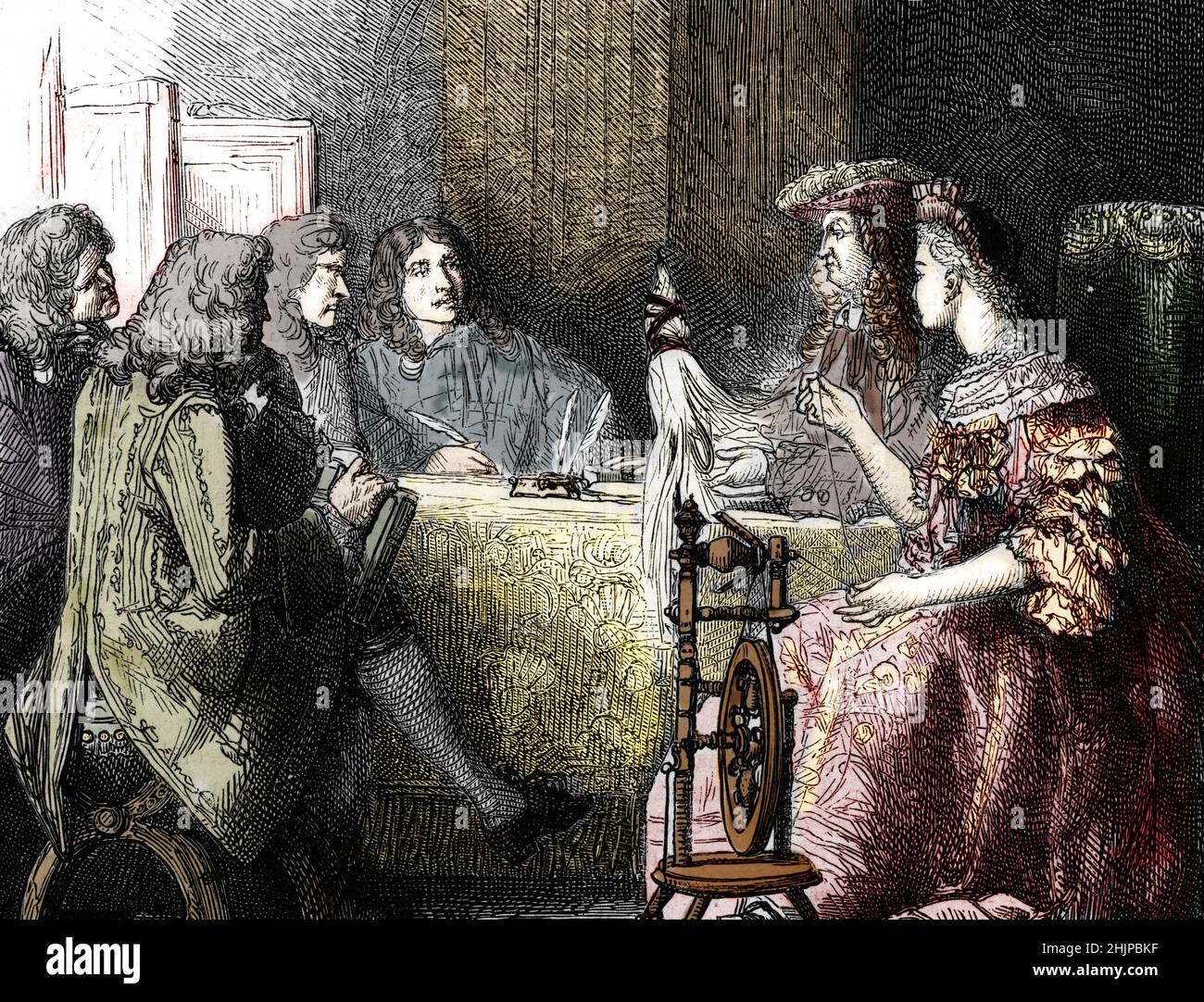 'L'Influence de Francoise d'Aubigne marquise de Maintenon (1635-1719) sur les decision politiques de son epoux le roi Louis XIV representes ici lors d'un conseil de ministeres (avec Nicolas Desmarets, Daniel Voysin de la Noiraye et Jean-Baptiste Colbert de Torcy) debutto 18eme siecle' (Francone d'Aubigne, Madame de Maintenon e re di Francia Luigi XIV con ministri, inizio del 18th secolo) gravure tiree de 'Histoire populaire de la France' de Lahure 19eme siecle Collection privee Foto Stock