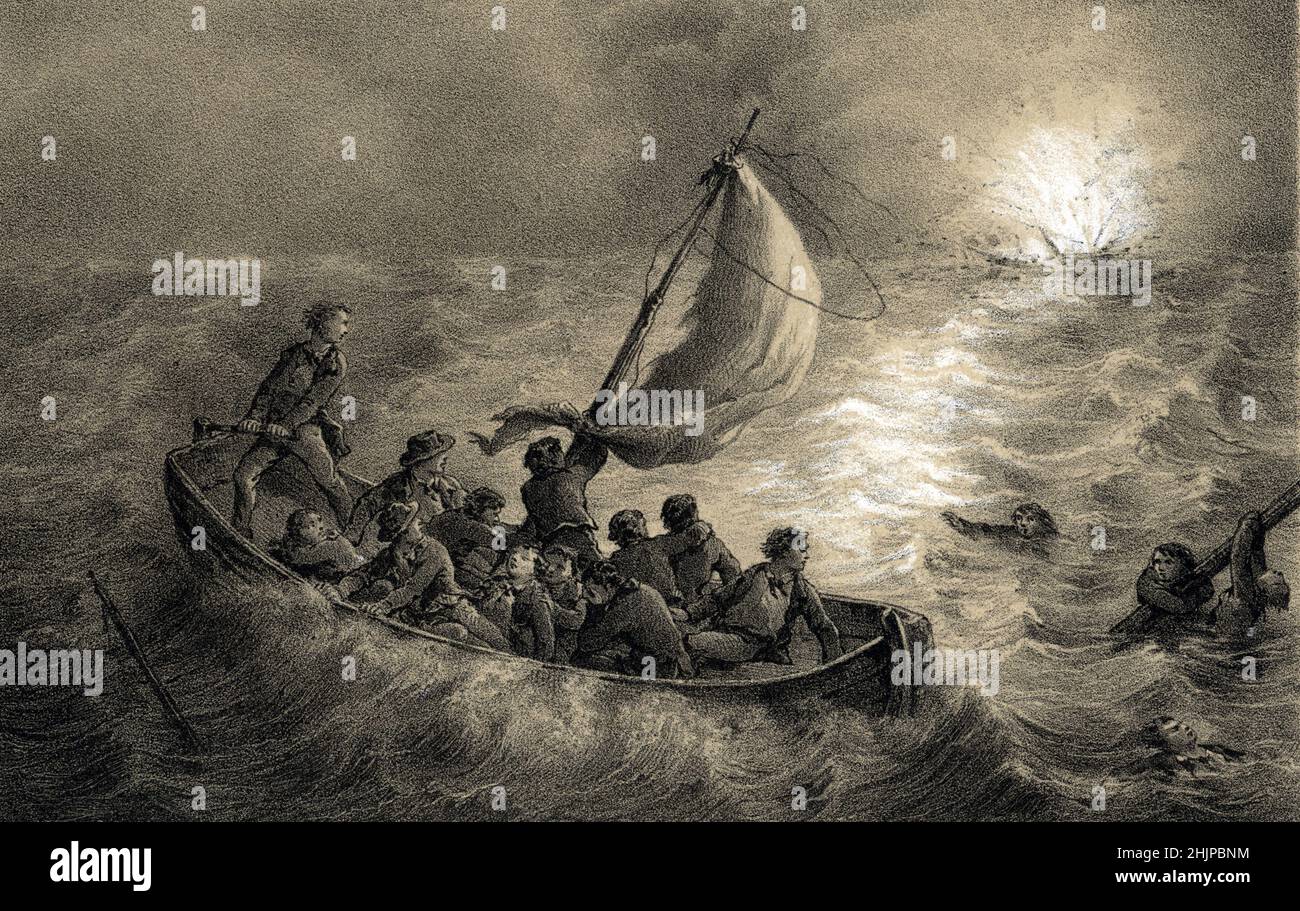 Vue de l'incendie et du nauvrage du navire 'Prince' vaisseau de la compagnie des Indes, le 17 avril 1752 au large des cotes bresiliennes (vista del fuoco e la perdita della nave 'Prince', una nave della compagnia francese dell'India orientale, 17 aprile 1752 al largo della costa brasiliana) Gravure tiree de 'Histoire des naiufrages' de Alfred Driou 19eme collezione di sidecle privee Foto Stock