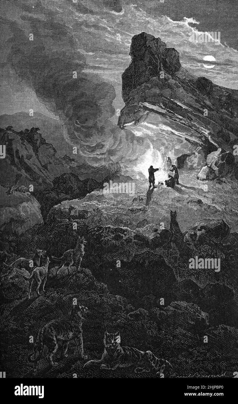 Prehistoire, ere quaternaire : des hommes des cavernes a l'epoque des mammouths et des leons des cavernes d'Eurasie (Preistoria, era quaternaria: Cavemen al tempo di mammut e leoni grotta, Eurasia) incisione da “” natura e uomo” di Rengade 1881 Collezione privata Foto Stock