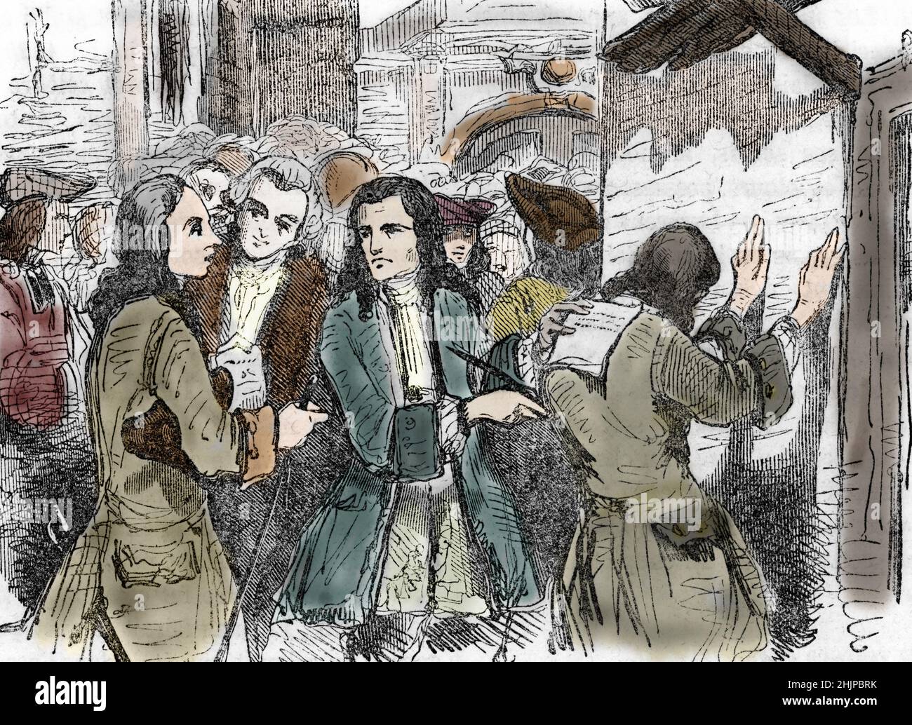 Systeme economique : la rue Quincampoix a Paris au temps de la Banque de Law - John Law crea les billets de banque (papier-monnaie) - son sytema a ete mis en place en France, sous la regence de Philippe d'Orleans, de 1716 a 1720, Dans le but de liquider la dette laissee par Louis XIV (Vista della rue Quincampoix con gli speculatori al tempo del sistema di John Law, economista scozzese, sviluppato tra il 1716 e il 1720 a Parigi) gravure tiree de 'Les rues-de-Paris' de Pierre Zaccone, 1859 Collection privee Foto Stock
