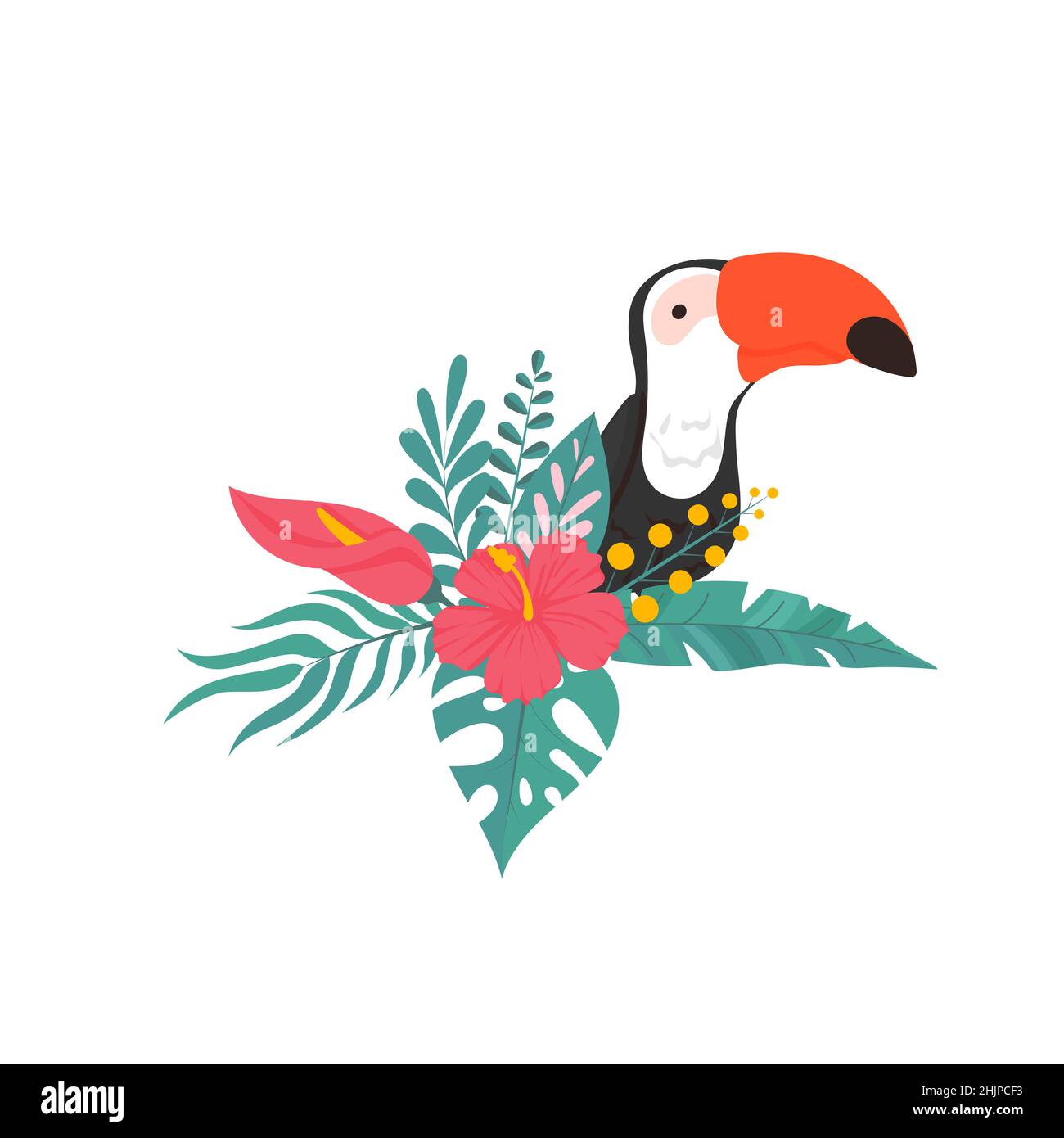 Toucan, uccello esotico, fiori tropicali, foglie di monstera, foglie di giungla. Composizione uccello del paradiso. Carino personaggio cartoon per bambini. Tropicale Illustrazione Vettoriale