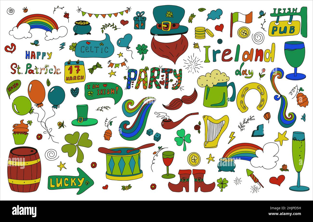 Il giorno di San Patrizio con icone disegnate a mano. Un boccone di birra, Irlanda, pub, festa, bar. Modello per cartolina, invito, pubblicità o banner Illustrazione Vettoriale