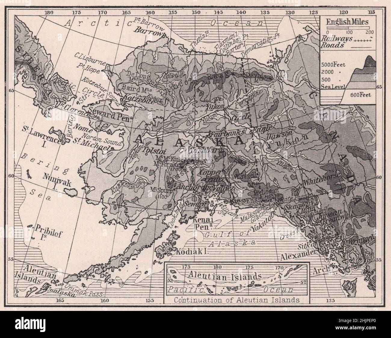 Caratteristiche fisiche del territorio dell'Alaska (mappa 1923) Foto Stock