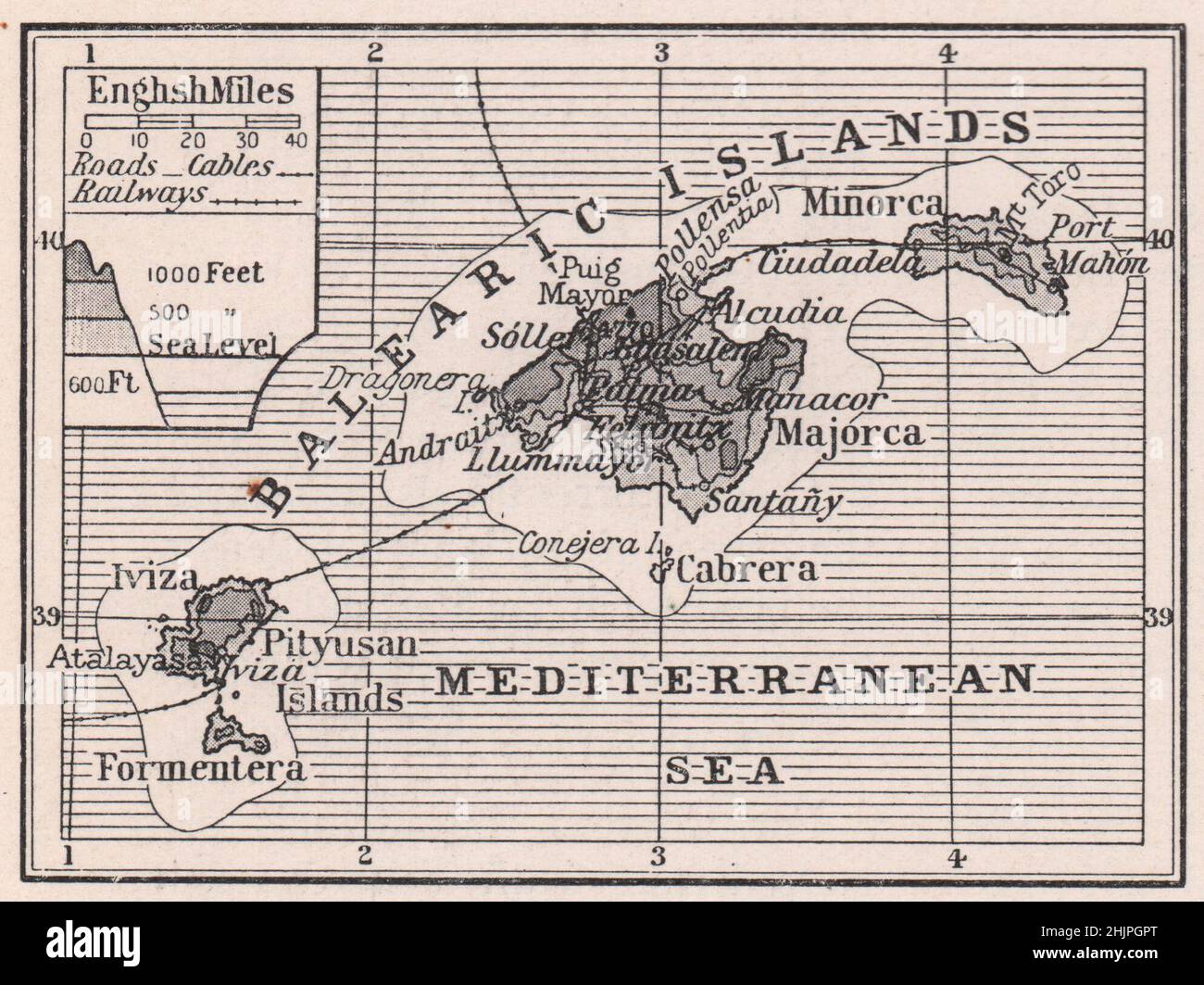 Mappa del contorno dell'Arcipelago delle Baleari. Spagna. Isole Baleari (1923) Foto Stock