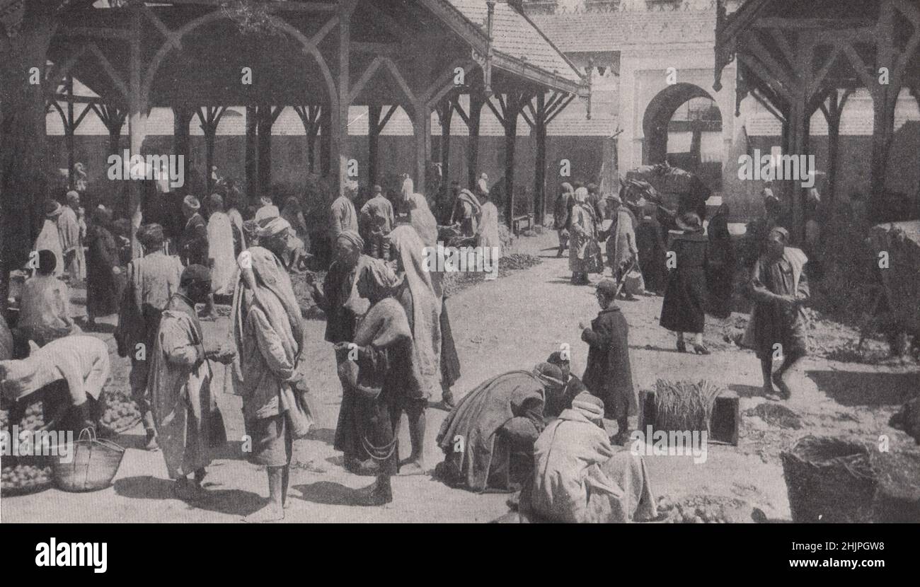 Mercato centrale di Tunisi nella città francese dove il commercio è effettuato nella maniera orientale. Tunisia. Stati di Barbary (1923) Foto Stock