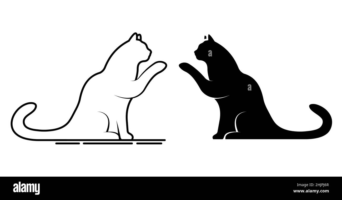 icona lineare. Il gatto intelligente ha sollevato la zampa e dà la zampa al proprietario. Silhouette di gatto domestico, animali domestici. Semplice vettore bianco e nero isolato su fondo bianco Illustrazione Vettoriale
