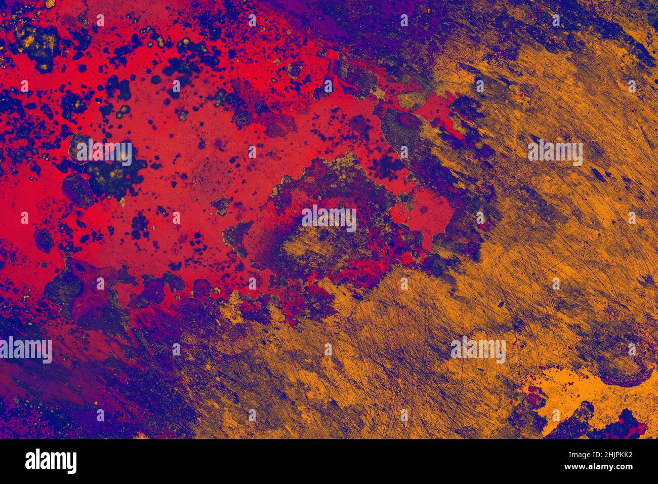 Vecchia superficie in acciaio con macchie colorate, sfondo testurizzato. Foto Stock