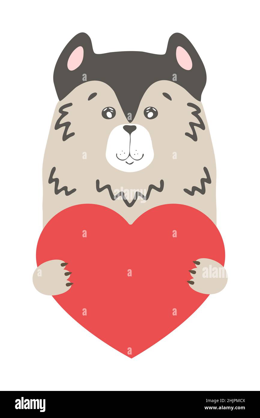 Carino cane cartone animato cucciolo lupo animale Husky tiene un segno del cuore con spazio di copia. Set San Valentino biglietto di auguri carta banner invito opuscolo. Cartoon disegno a mano stile. Piccoli animali in amore, dichiarazione d'amore. Illustrazione Vettoriale