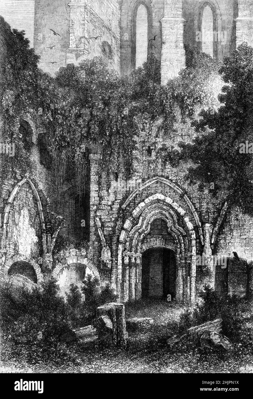 Rovine dell'Abbazia di Villers, o Abbaye de Villers, un antico monastero cistercense fondato nel 1146, abbandonato nel 1796, a Villers-la-Ville Belgio. Illustrazione o incisione vintage 1865. Foto Stock